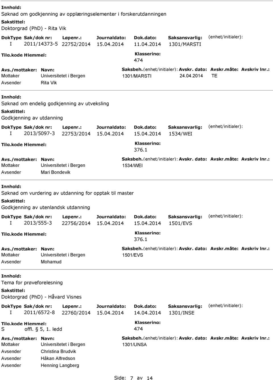 1 1534/WE Mari Bondevik nnhold: Søknad om vurdering av utdanning for opptak til master Godkjenning av utenlandsk utdanning 2013/555-3 22756/2014 1501/EVS 376.