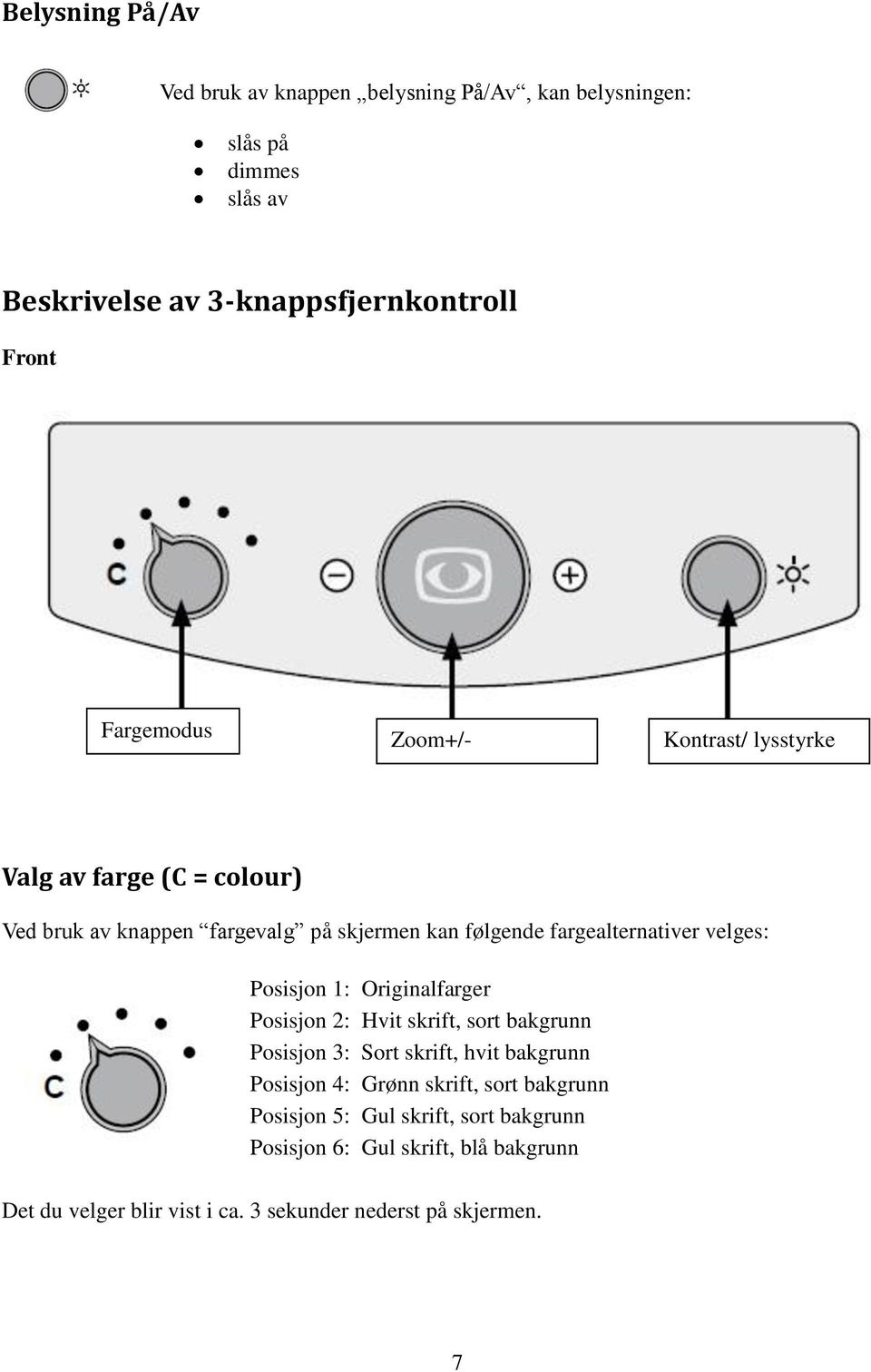 velges: Posisjon 1: Originalfarger Posisjon 2: Hvit skrift, sort bakgrunn Posisjon 3: Sort skrift, hvit bakgrunn Posisjon 4: Grønn skrift,