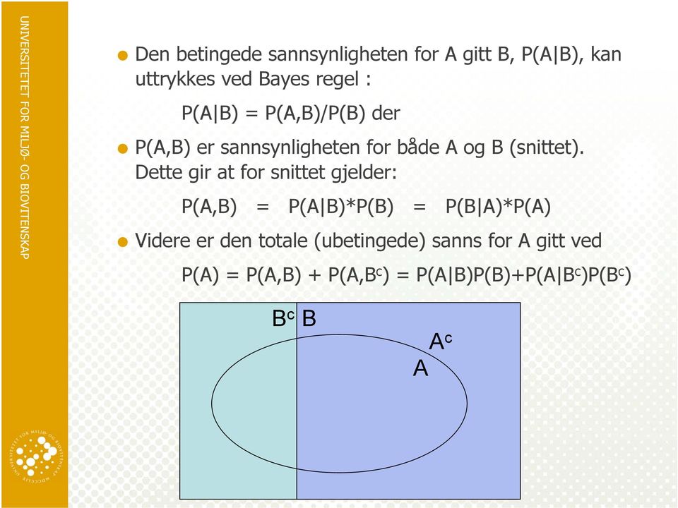 Dette gir at for snittet gjelder: P(A,B) = P(A B)*P(B) = P(B A)*P(A) Videre er den