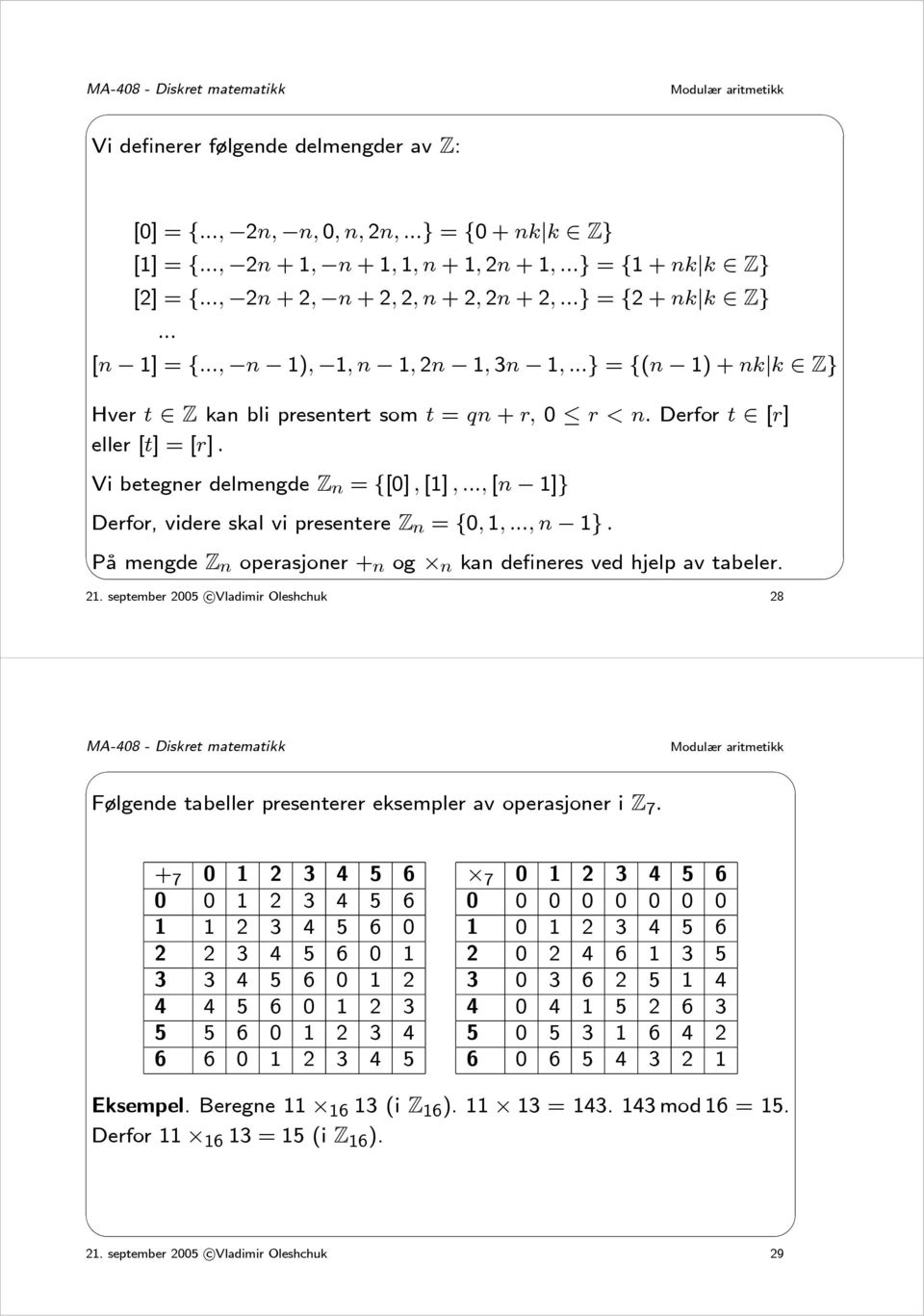 ..,[n 1]} Derfor,videreskalvipresentereZ n = {0, 1,...,n 1}. På mengdez n operasjoner + n og n kan defineres ved hjelp av tabeler. 21.