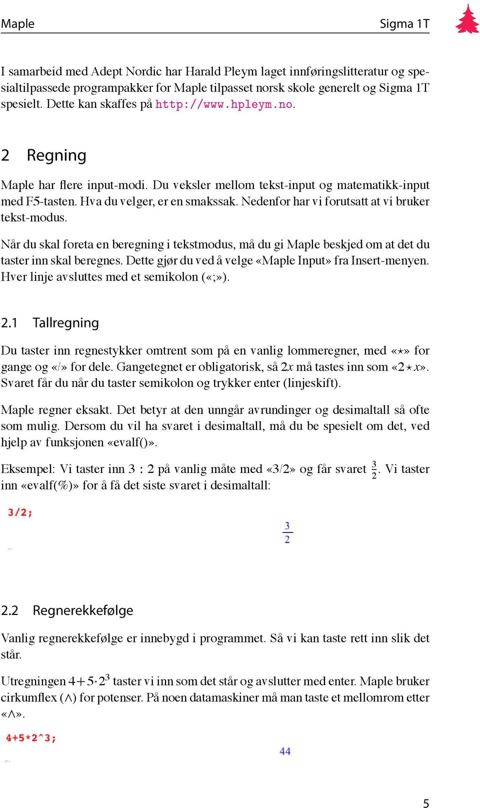 Når du skal foreta en beregning i tekstmodus, må du gi Maple beskjed om at det du taster inn skal beregnes. Dette gjør du ved å velge «Maple Input» fra Insert-menyen.