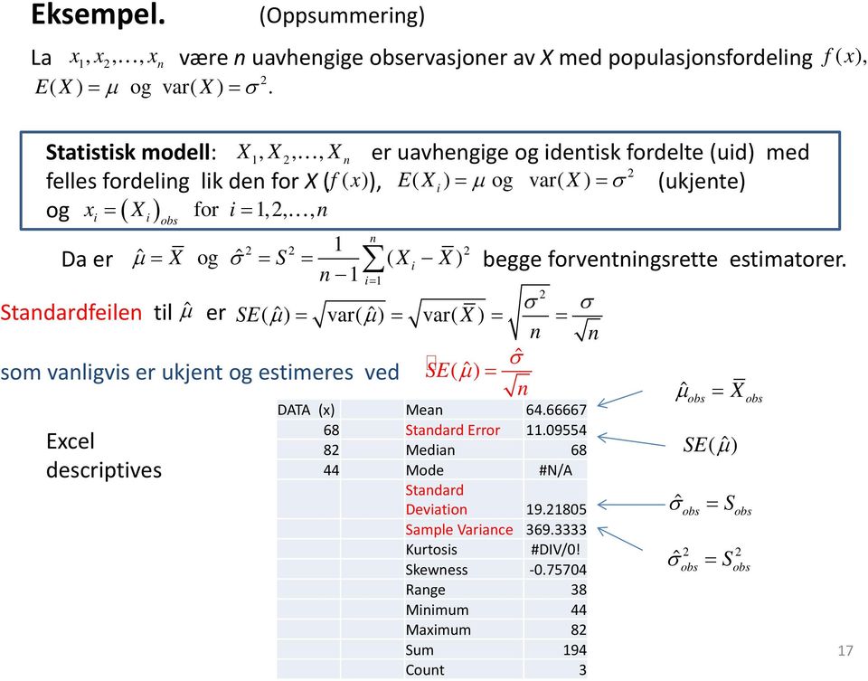 i 1 ˆ µ = X og ˆ σ = S = ( X X) i 1 i= 1 Stadardfeile til ˆµ σ er SE( ˆ µ ) = var( ˆ µ ) = var( X ) = = som valigvis er ukjet og estimeres ved ˆ σ SE( ˆ µ ) = Excel descriptives DATA (x)