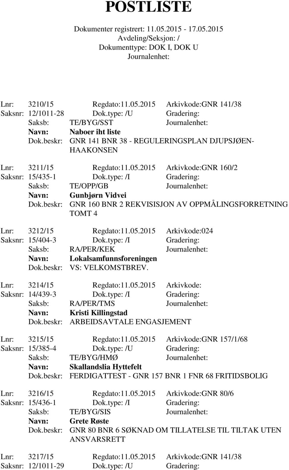 beskr: GNR 160 BNR 2 REKVISISJON AV OPPMÅLINGSFORRETNING TOMT 4 Lnr: 3212/15 Regdato:11.05.2015 Arkivkode:024 Saksnr: 15/404-3 Dok.type: /I Gradering: Saksb: RA/PER/KEK Lokalsamfunnsforeningen Dok.