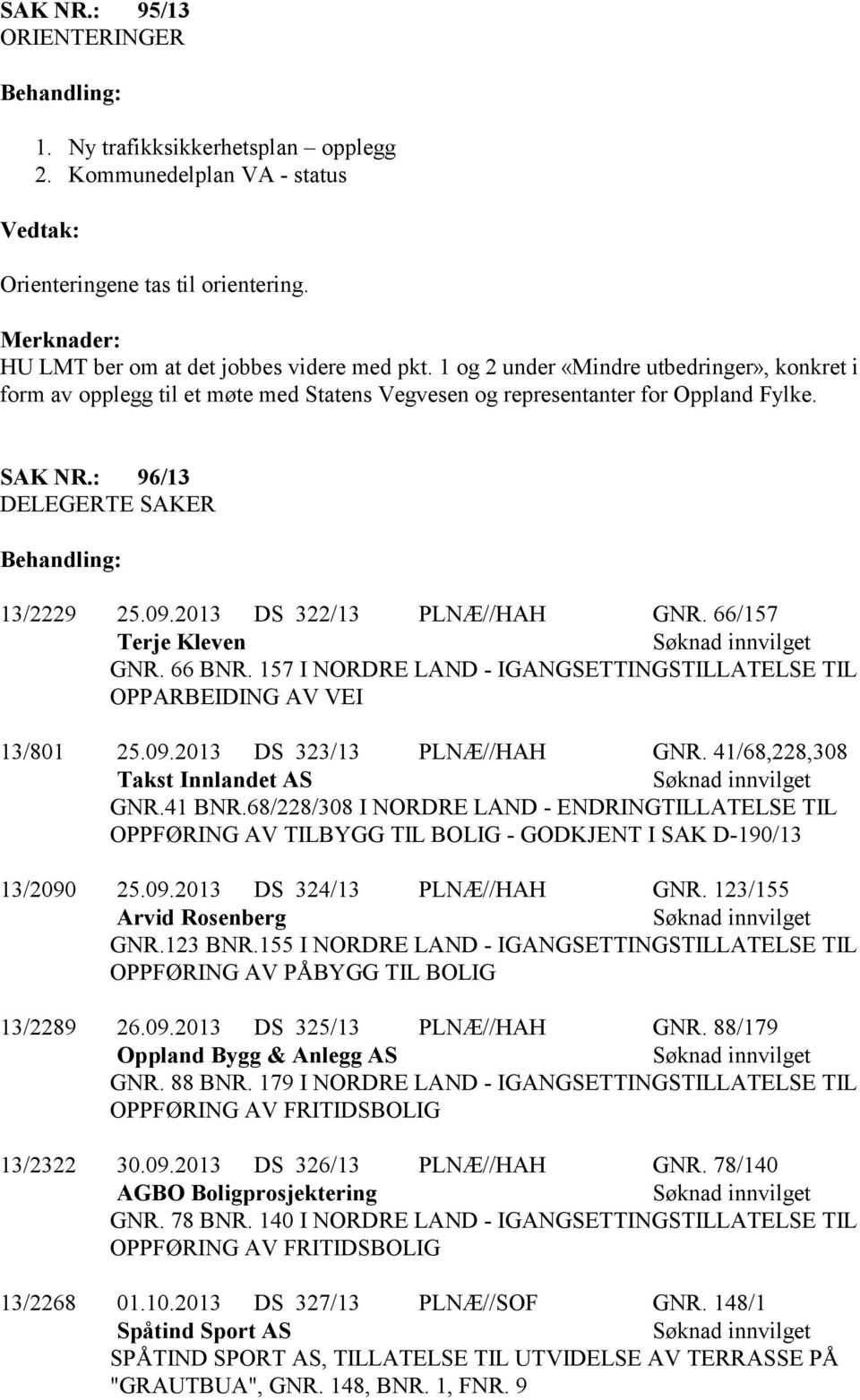 2013 DS 322/13 PLNÆ//HAH GNR. 66/157 Terje Kleven GNR. 66 BNR. 157 I NORDRE LAND - IGANGSETTINGSTILLATELSE TIL OPPARBEIDING AV VEI 13/801 25.09.2013 DS 323/13 PLNÆ//HAH GNR.
