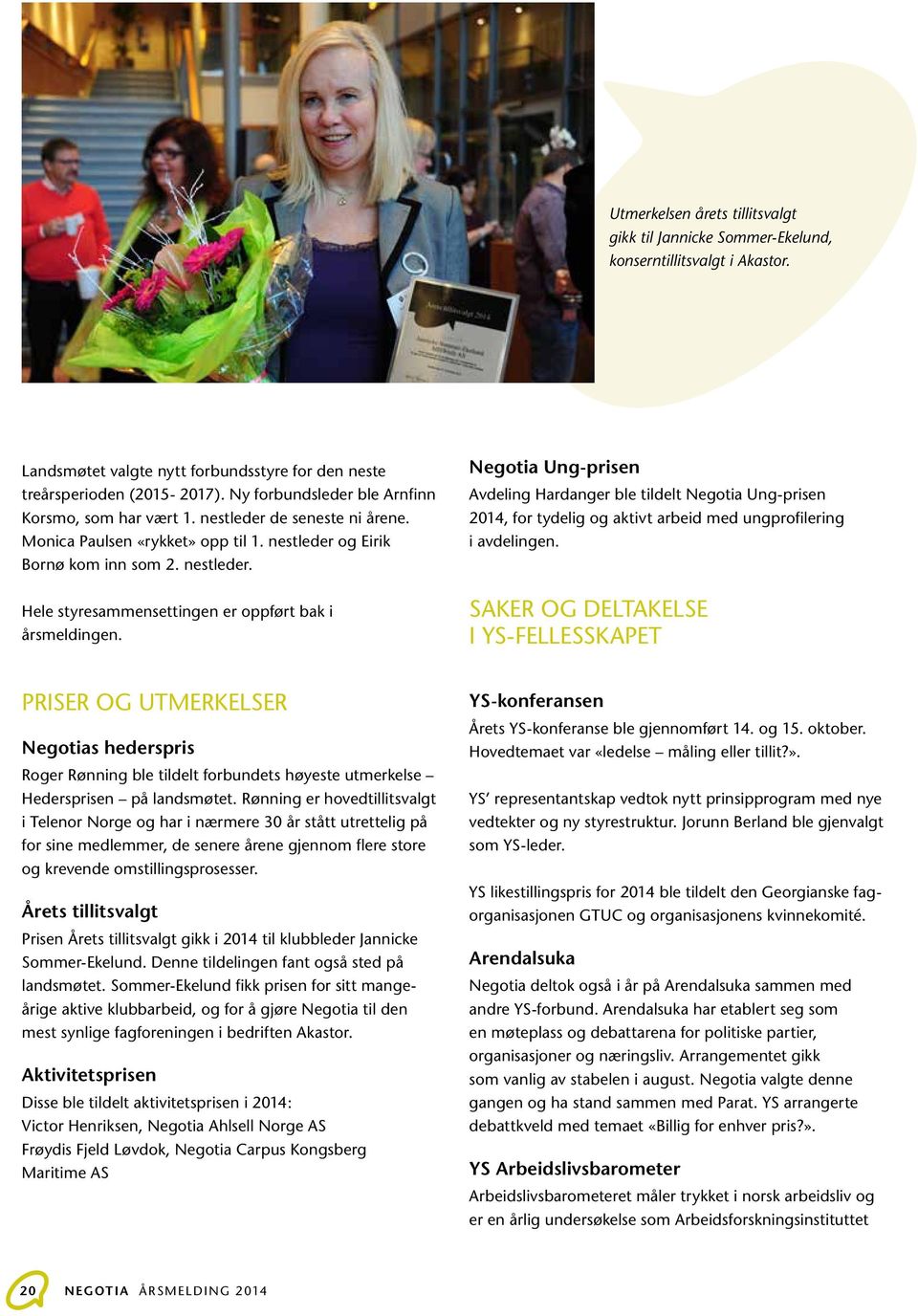 Negotia Ung-prisen Avdeling Hardanger ble tildelt Negotia Ung-prisen 2014, for tydelig og aktivt arbeid med ungprofilering i avdelingen.
