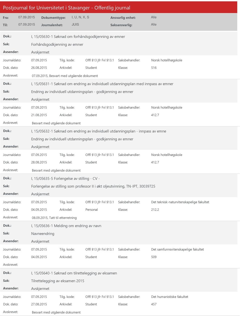 2015 Arkivdel: Student Besvart med utgående dokument I, 15/05632-1 Søknad om endring av individuell utdanningsplan - innpass av emne Norsk hotellhøgskole Dok. dato: 28.08.