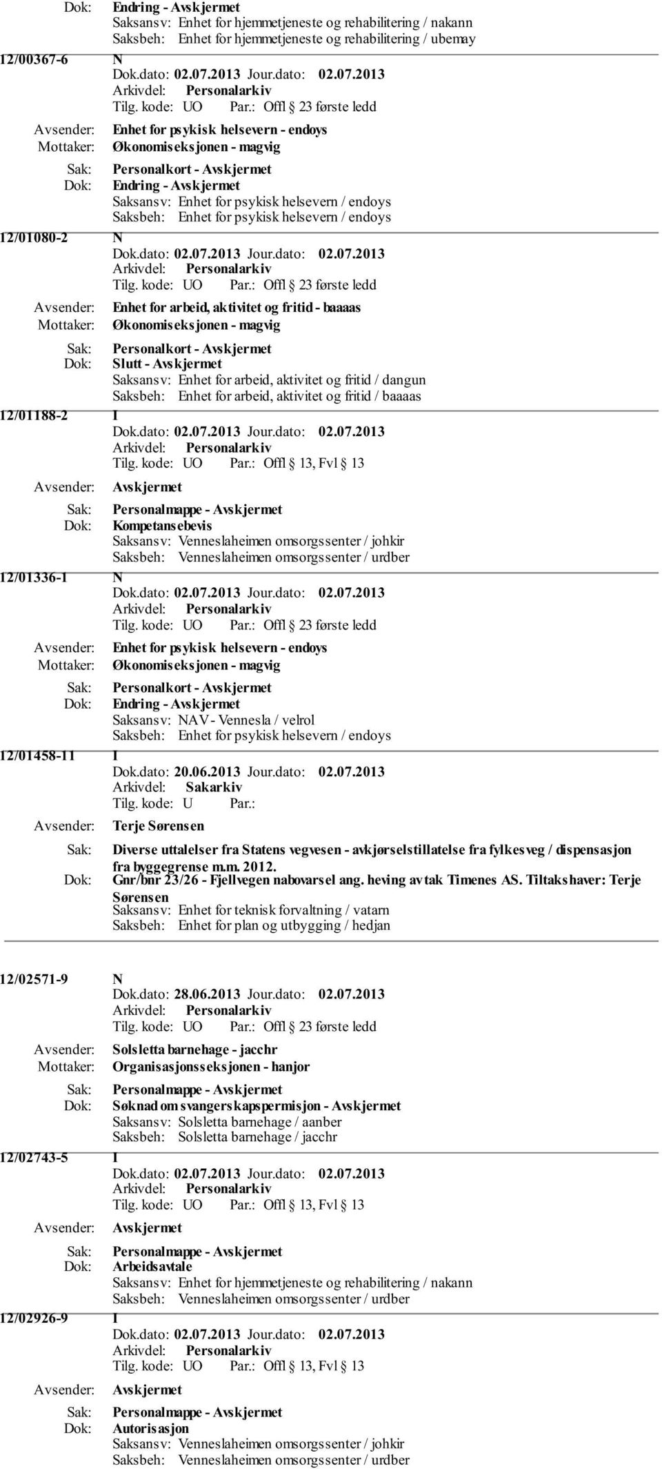 Enhet for arbeid, aktivitet og fritid / baaaas 12/01188-2 I Personalmappe - Kompetansebevis 12/01336-1 N Enhet for psykisk helsevern - endoys Personalkort - Endring - Saksansv: NAV - Vennesla /