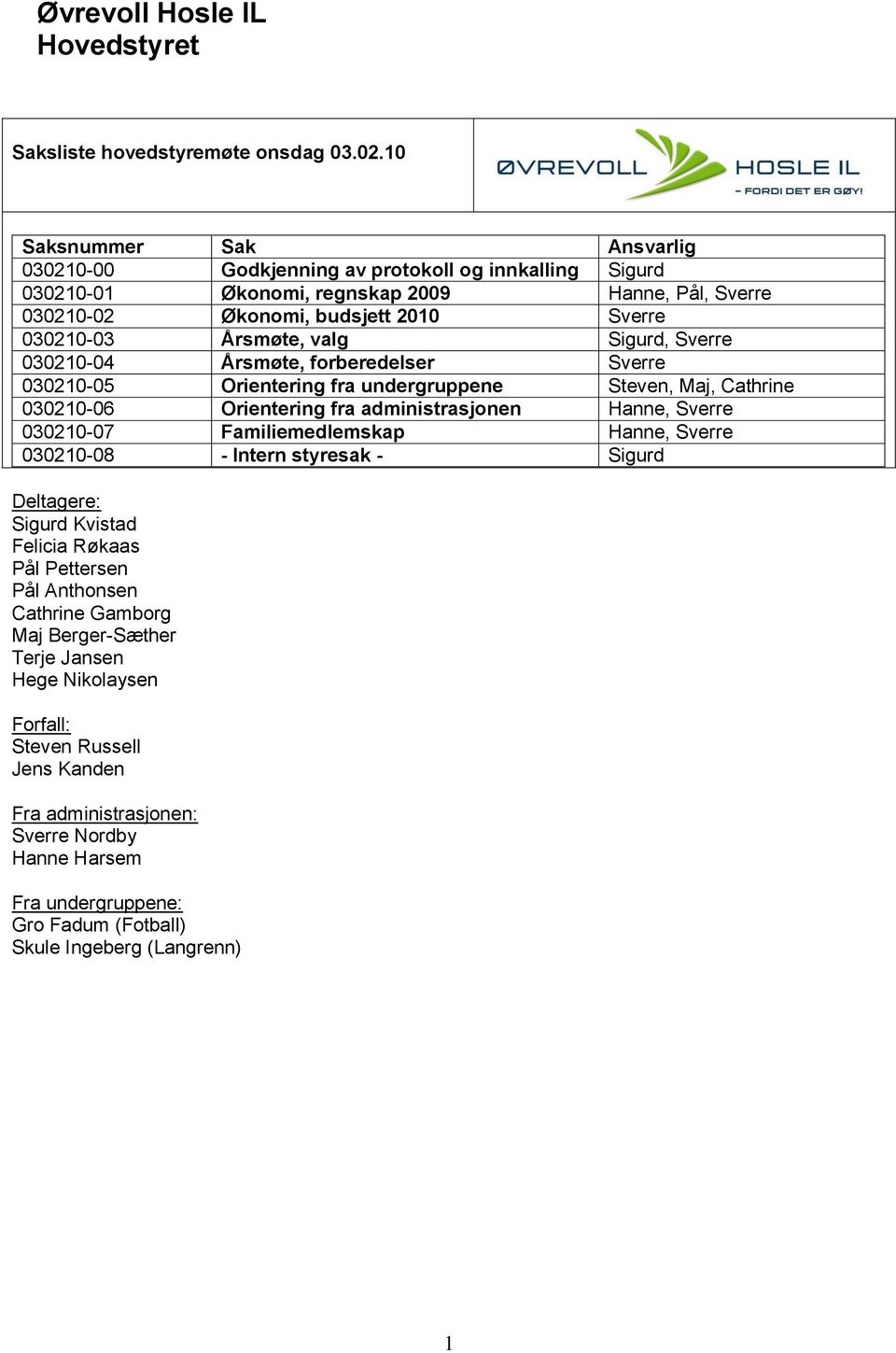 Sigurd, Sverre 030210-04 Årsmøte, forberedelser Sverre 030210-05 Orientering fra undergruppene Steven, Maj, Cathrine 030210-06 Orientering fra administrasjonen Hanne, Sverre 030210-07