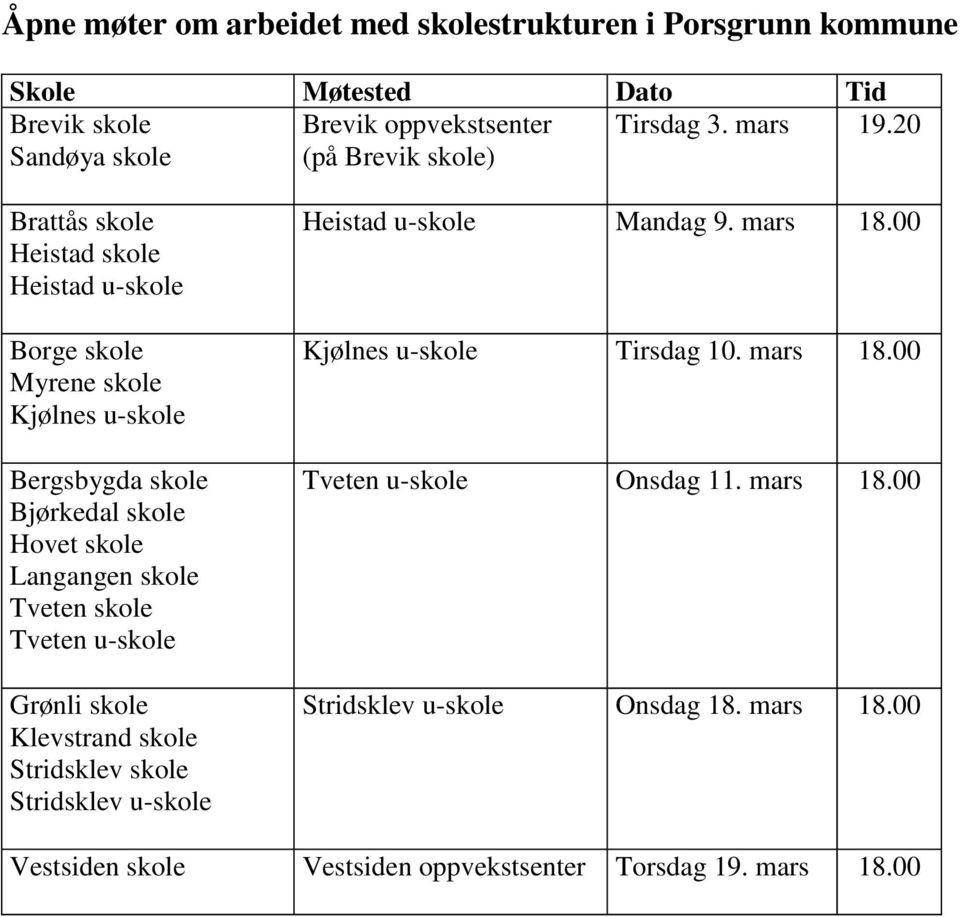 skole Langangen skole Tveten skole Tveten u-skole Grønli skole Klevstrand skole Stridsklev skole Stridsklev u-skole Heistad u-skole Mandag 9. mars 18.