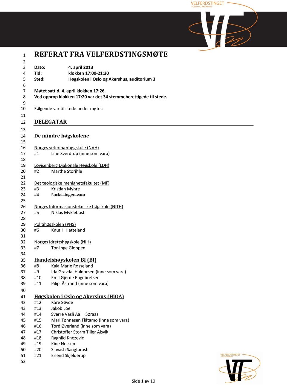 Følgende var til stede under møtet: DELEGATAR De mindre høgskolene Norges veterinærhøgskole (NVH) #1 Line Sverdrup (inne som vara) Lovisenberg Diakonale Høgskole (LDH) #2 Marthe Storihle Det