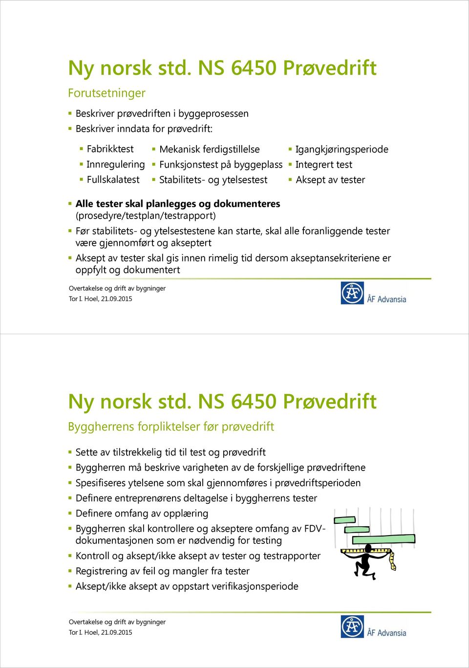 foranliggende tester være gjennomført og akseptert Aksept av tester skal gis innen rimelig tid dersom akseptansekriteriene er oppfylt og dokumentert Byggherrens forpliktelser før prøvedrift Sette av