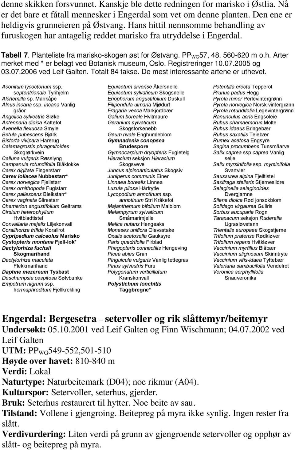 Registreringer 10.07.2005 og 03.07.2006 ved Leif Galten. Totalt 84 takse. De mest interessante artene er uthevet. Aconitum lycoctonum ssp. septentrionale Tyrihjelm Alchemilla sp.