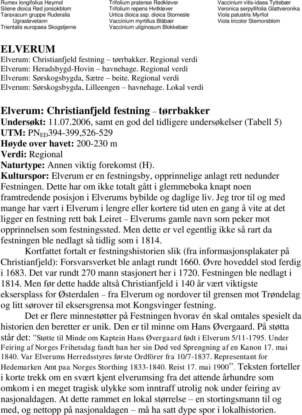 ELVERUM Elverum: Christianfjeld festning tørrbakker. Regional verdi Elverum: Heradsbygd-Hovin havnehage. Regional verdi Elverum: Sørskogsbygda, Sætre beite.