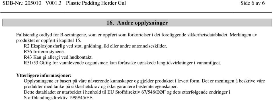 R51/53 Giftig for vannlevende organismer; kan forårsake uønskede langtidsvirkninger i vannmiljøet.