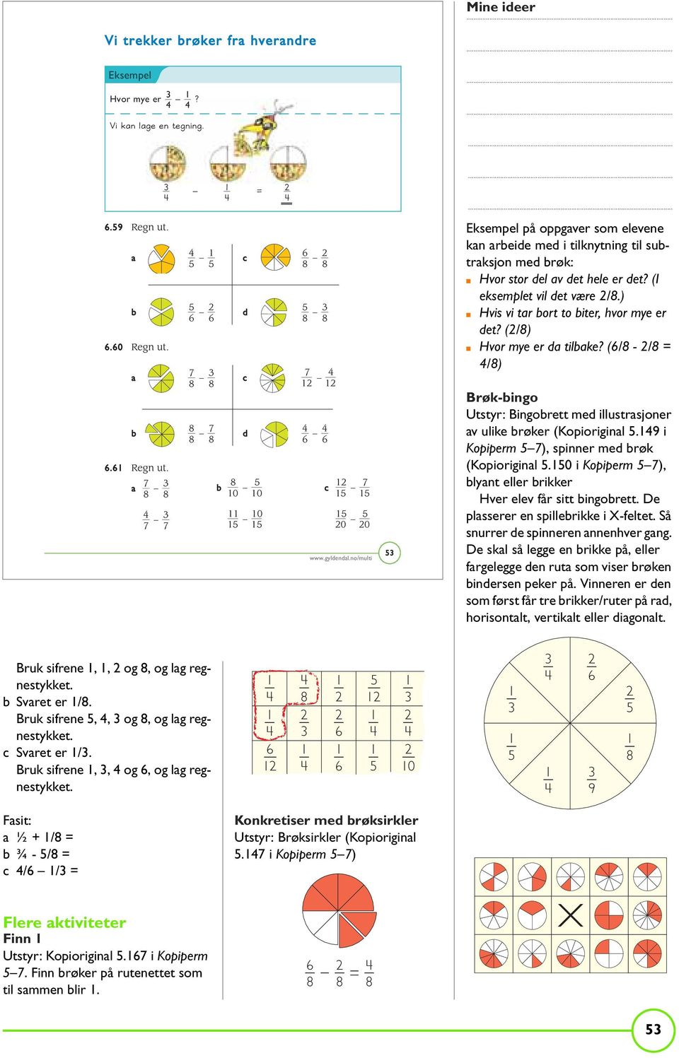 (/) Hvor mye er d tilke? (/ - / = /) Brøk-ingo Utstyr: Bingorett med illustrsjoner v ulike røker (Kopioriginl. i Kopiperm ), spinner med røk (Kopioriginl.