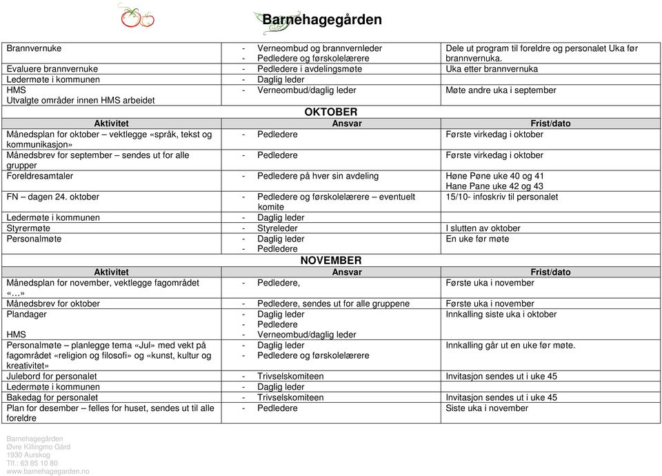 oktober vektlegge «språk, tekst og Første virkedag i oktober kommunikasjon» Månedsbrev for september sendes ut for alle Første virkedag i oktober grupper Foreldresamtaler på hver sin avdeling Høne