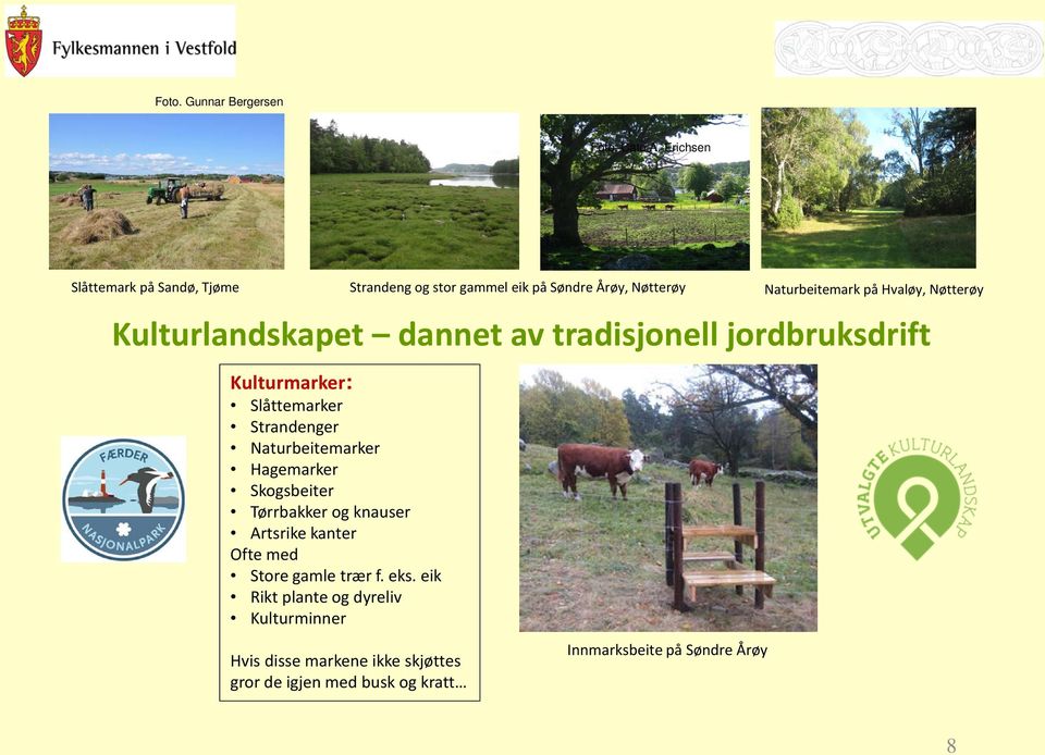 Kulturlandskapet dannet av tradisjonell jordbruksdrift Kulturmarker: Slåttemarker Strandenger Naturbeitemarker Hagemarker