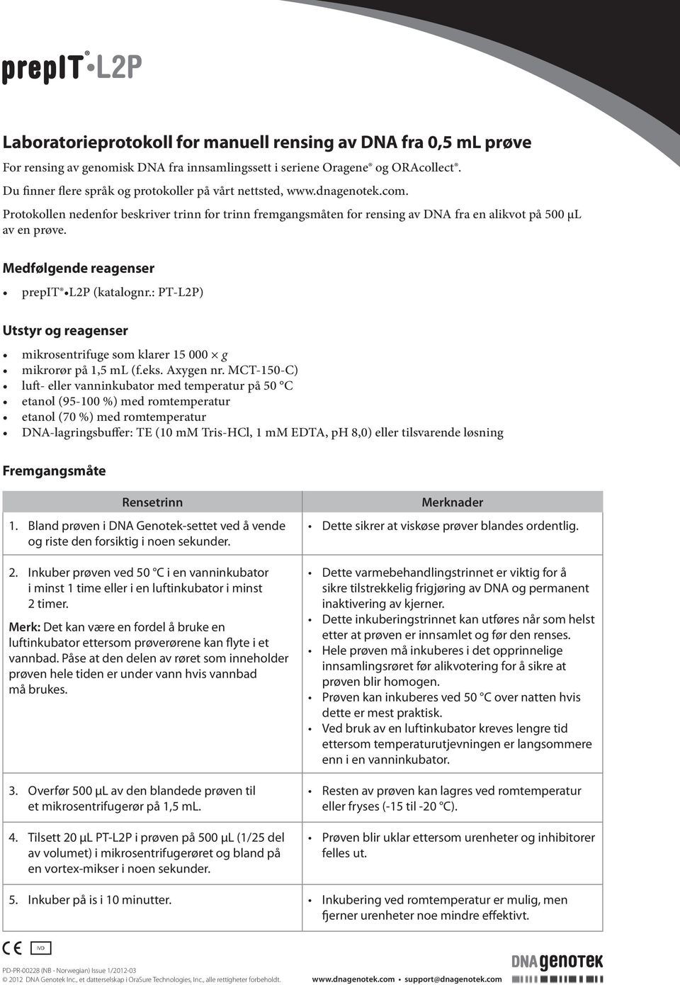 Medfølgende reagenser prepit L2P (katalognr.: PT-L2P) Utstyr og reagenser mikrosentrifuge som klarer 15 000 g mikrorør på 1,5 ml (f.eks. Axygen nr.