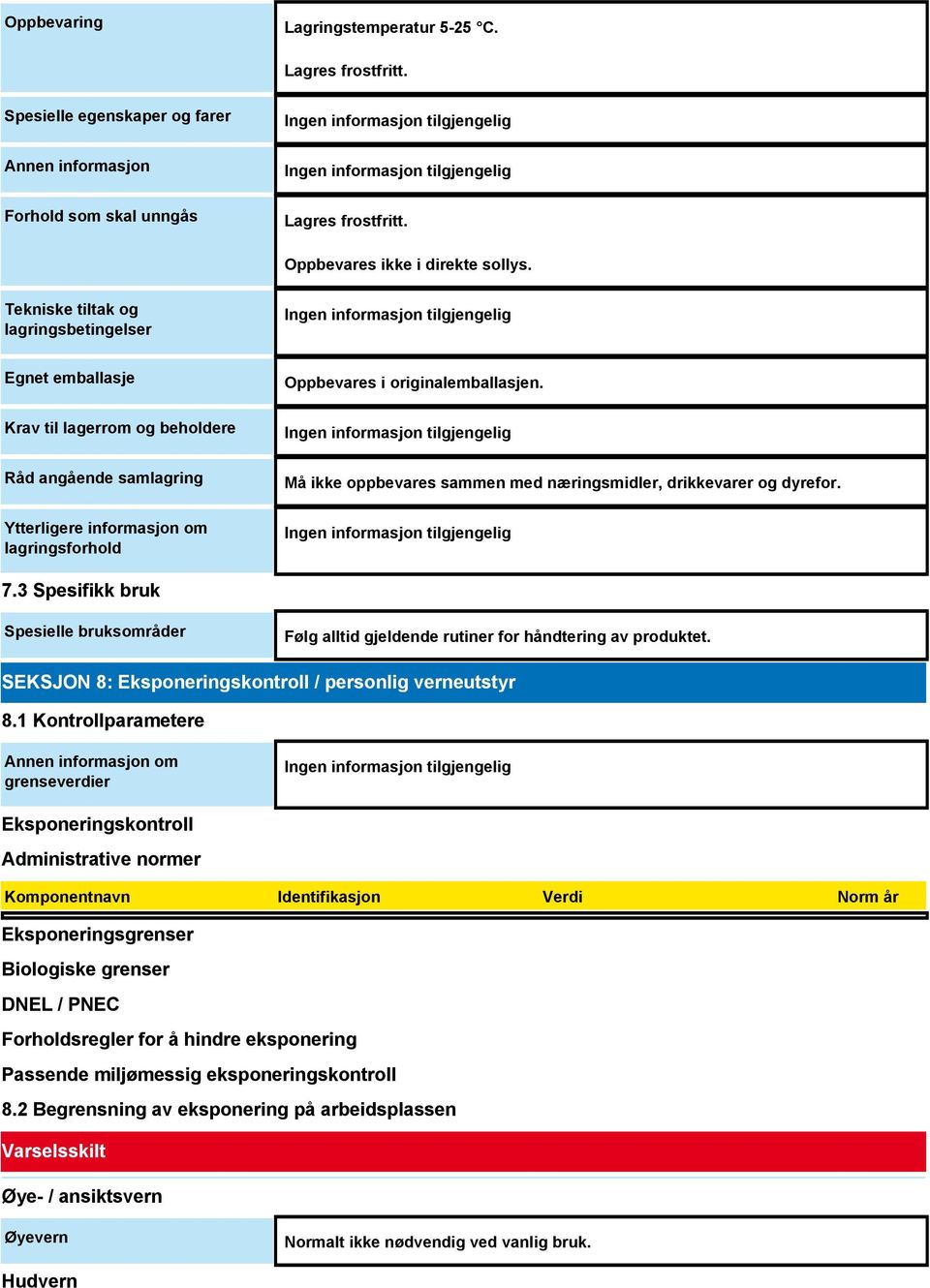 Må ikke oppbevares sammen med næringsmidler, drikkevarer og dyrefor. 7.3 Spesifikk bruk Spesielle bruksområder Følg alltid gjeldende rutiner for håndtering av produktet.