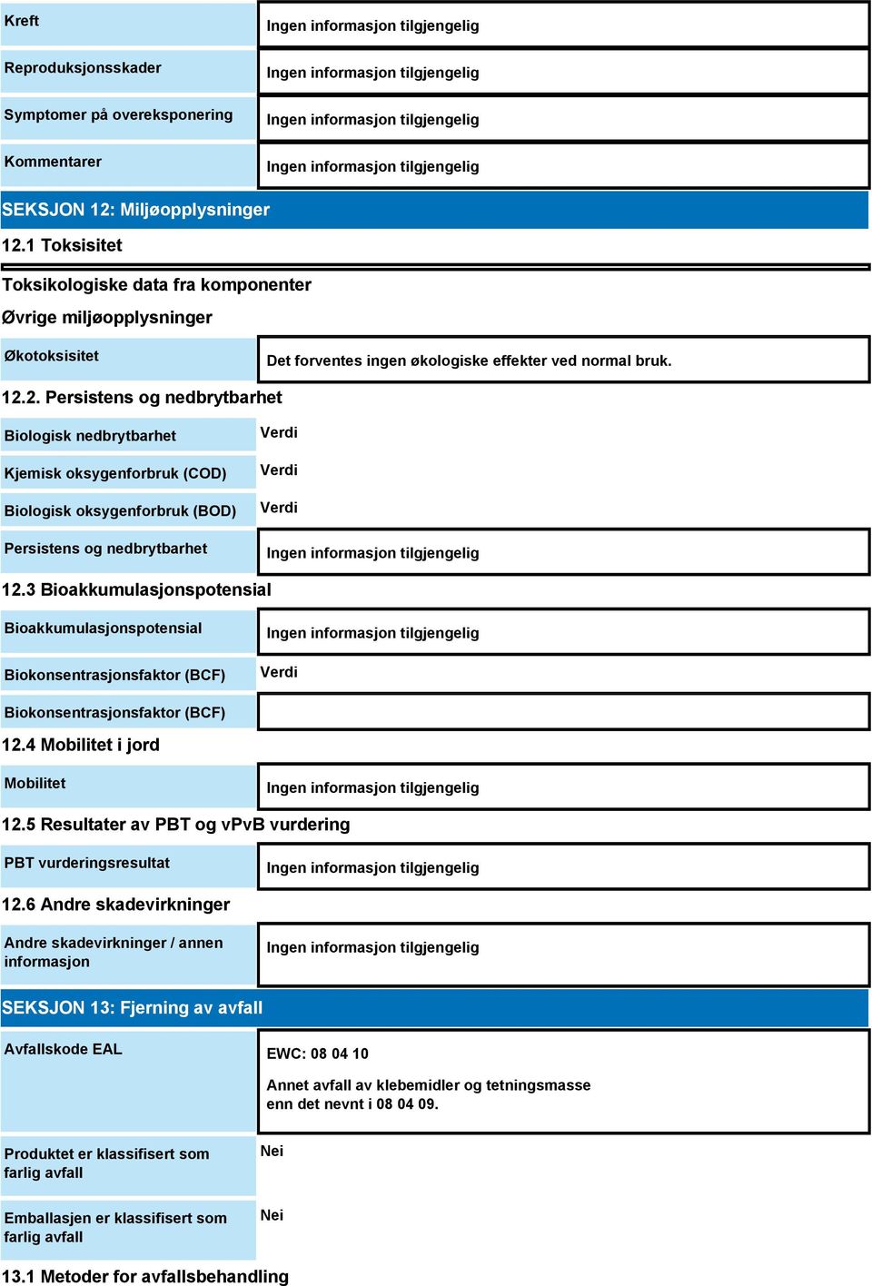 2. Persistens og nedbrytbarhet Biologisk nedbrytbarhet Kjemisk oksygenforbruk (COD) Biologisk oksygenforbruk (BOD) Persistens og nedbrytbarhet Verdi Verdi Verdi 12.