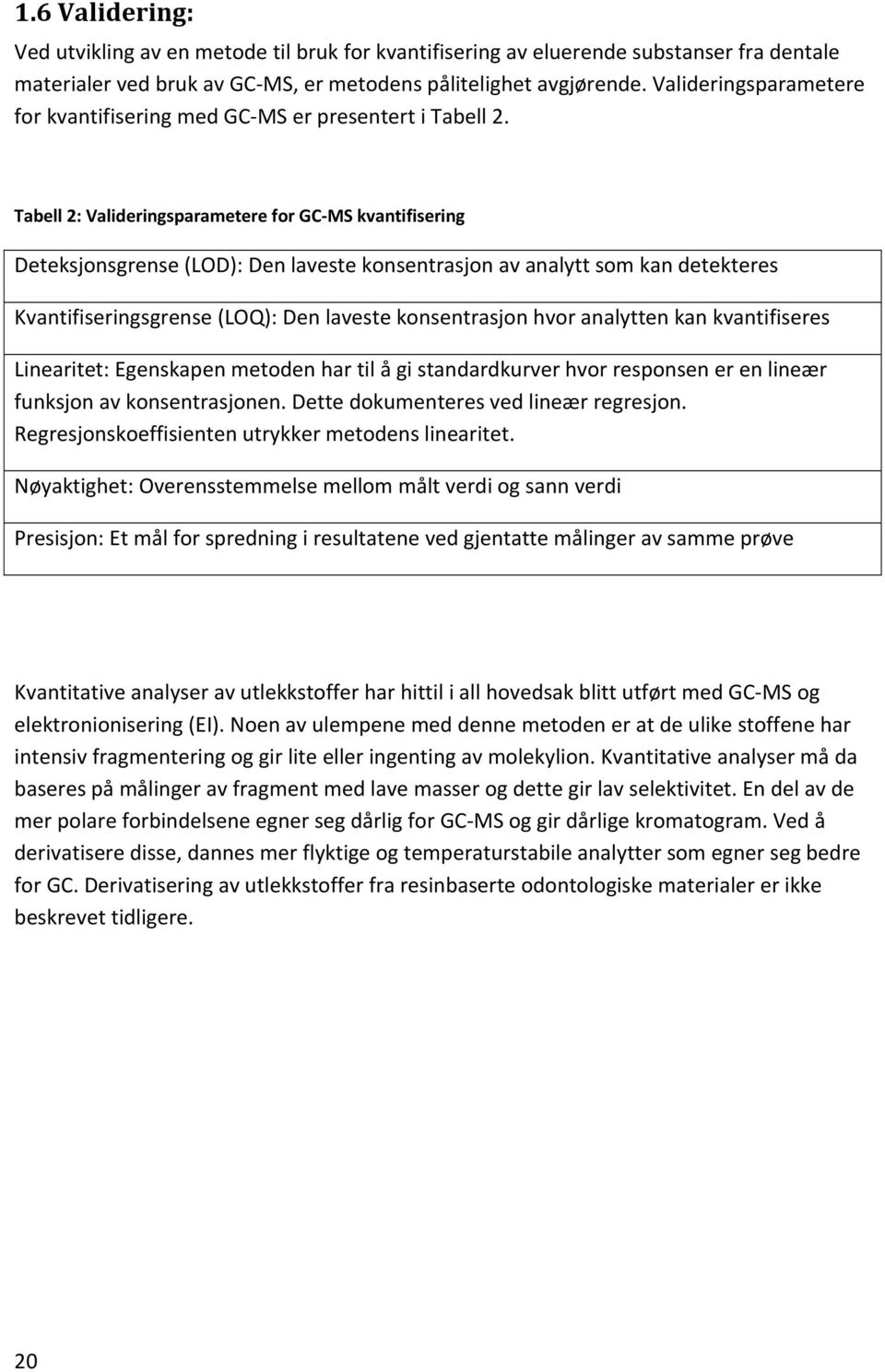 Tabell 2: Valideringsparametere for GC MS kvantifisering Deteksjonsgrense (LD): Den laveste konsentrasjon av analytt som kan detekteres Kvantifiseringsgrense (LQ): Den laveste konsentrasjon hvor