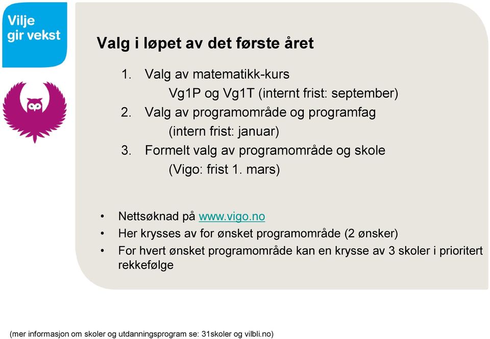 Formelt valg av programområde og skole (Vigo: frist 1. mars) Nettsøknad på www.vigo.