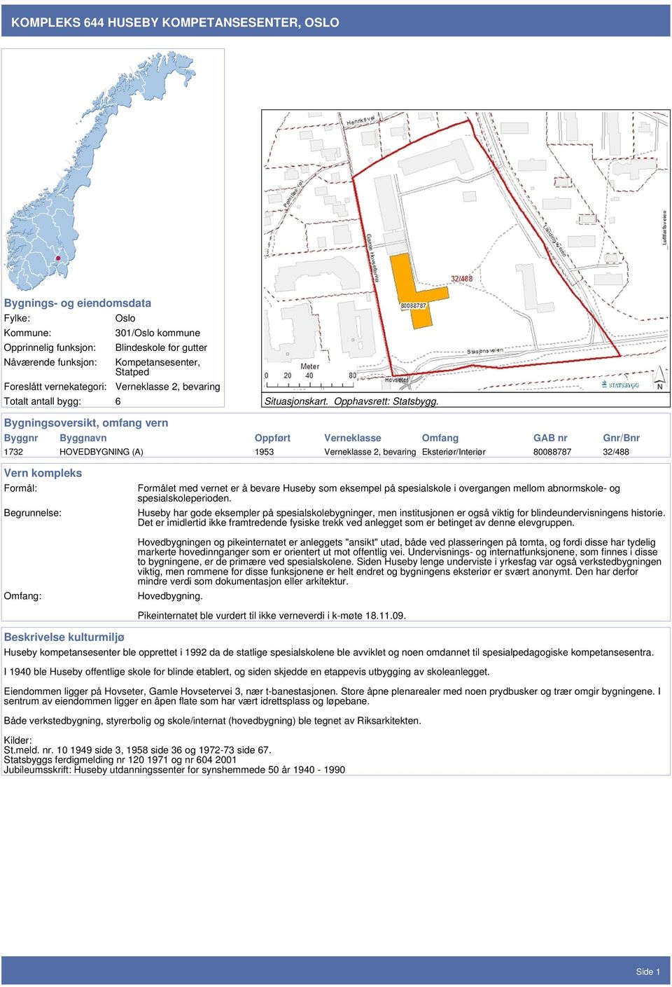 . Bygningsoversikt, omfang vern Byggnr Byggnavn Oppført Verneklasse Omfang GAB nr Gnr/Bnr 1732 HOVEDBYGNING (A) 1953 Verneklasse 2, bevaring Eksteriør/Interiør 80088787 32/488 Vern kompleks Formål: