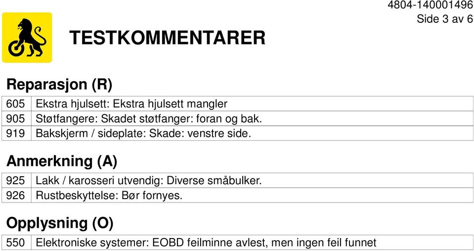 Anmerkning (A) 925 Lakk / karosseri utvendig: Diverse småbulker.