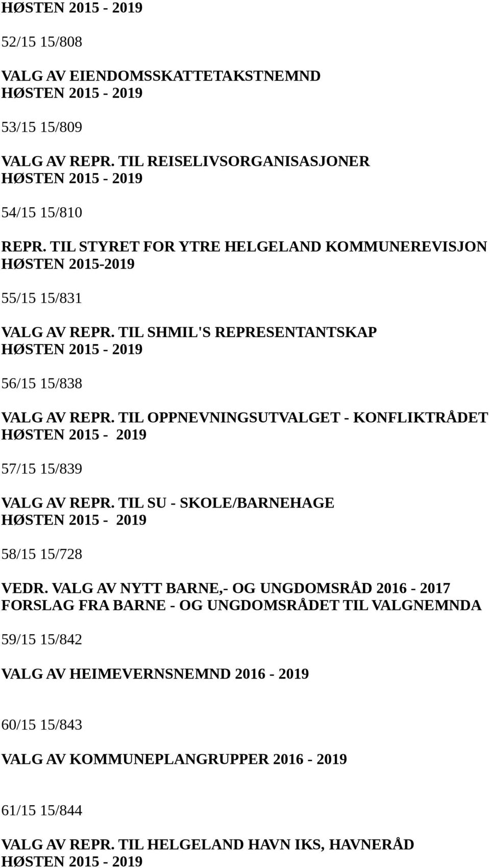 TIL OPPNEVNINGSUTVALGET - KONFLIKTRÅDET HØSTEN 2015-2019 57/15 15/839 VALG AV REPR. TIL SU - SKOLE/BARNEHAGE HØSTEN 2015-2019 58/15 15/728 VEDR.