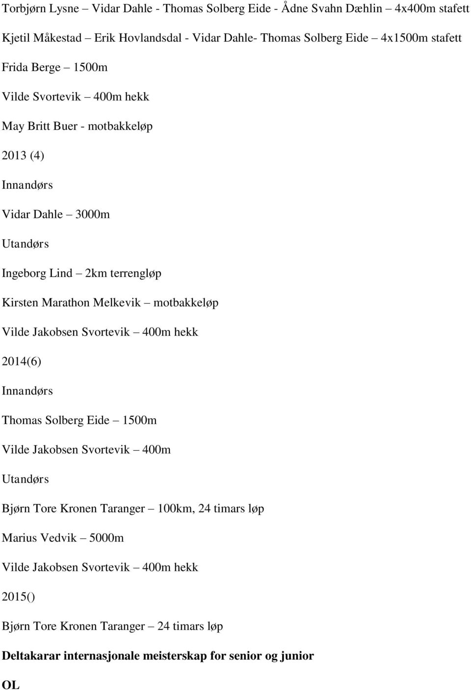 motbakkeløp Vilde Jakobsen Svortevik 400m hekk 2014(6) Innandørs Thomas Solberg Eide 1500m Vilde Jakobsen Svortevik 400m Utandørs Bjørn Tore Kronen Taranger 100km, 24