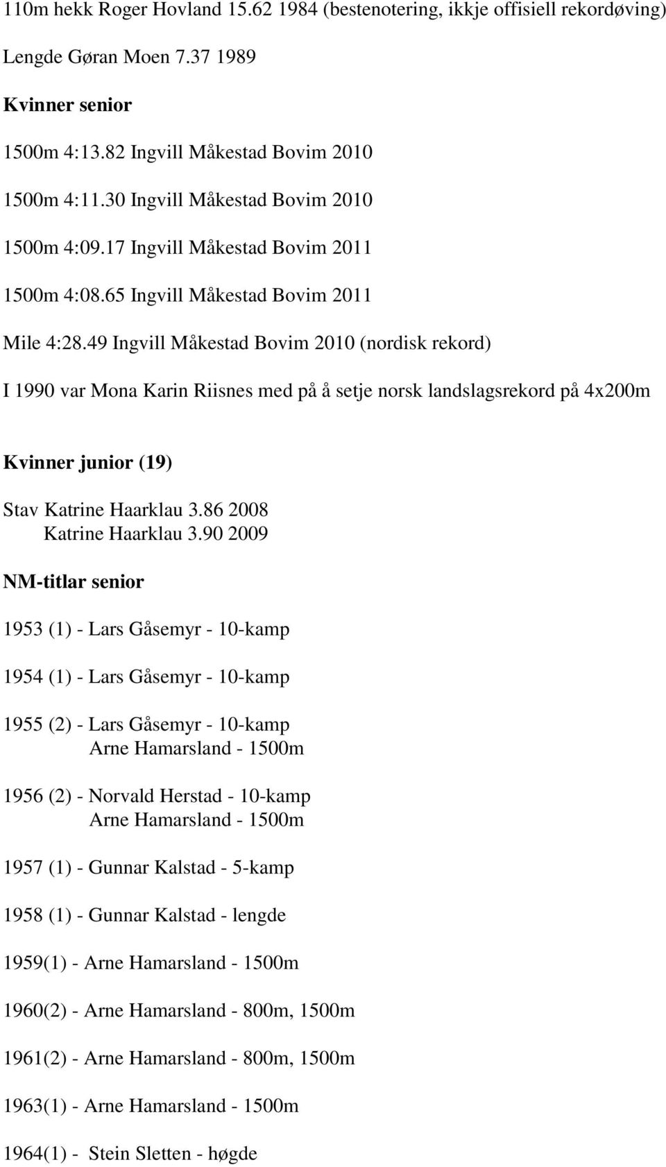 49 Ingvill Måkestad Bovim 2010 (nordisk rekord) I 1990 var Mona Karin Riisnes med på å setje norsk landslagsrekord på 4x200m Kvinner junior (19) Stav Katrine Haarklau 3.86 2008 Katrine Haarklau 3.