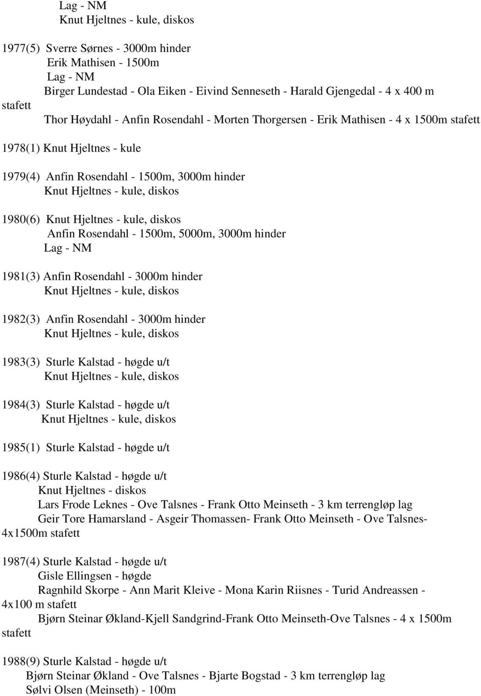 diskos Anfin Rosendahl - 1500m, 5000m, 3000m hinder Lag - NM 1981(3) Anfin Rosendahl - 3000m hinder Knut Hjeltnes - kule, diskos 1982(3) Anfin Rosendahl - 3000m hinder Knut Hjeltnes - kule, diskos