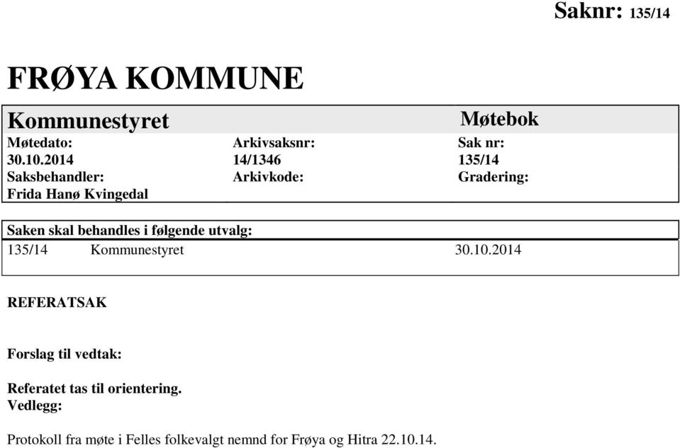 Gradering: Saken skal behandles i følgende utvalg: 135/14 Kommunestyret 30.10.