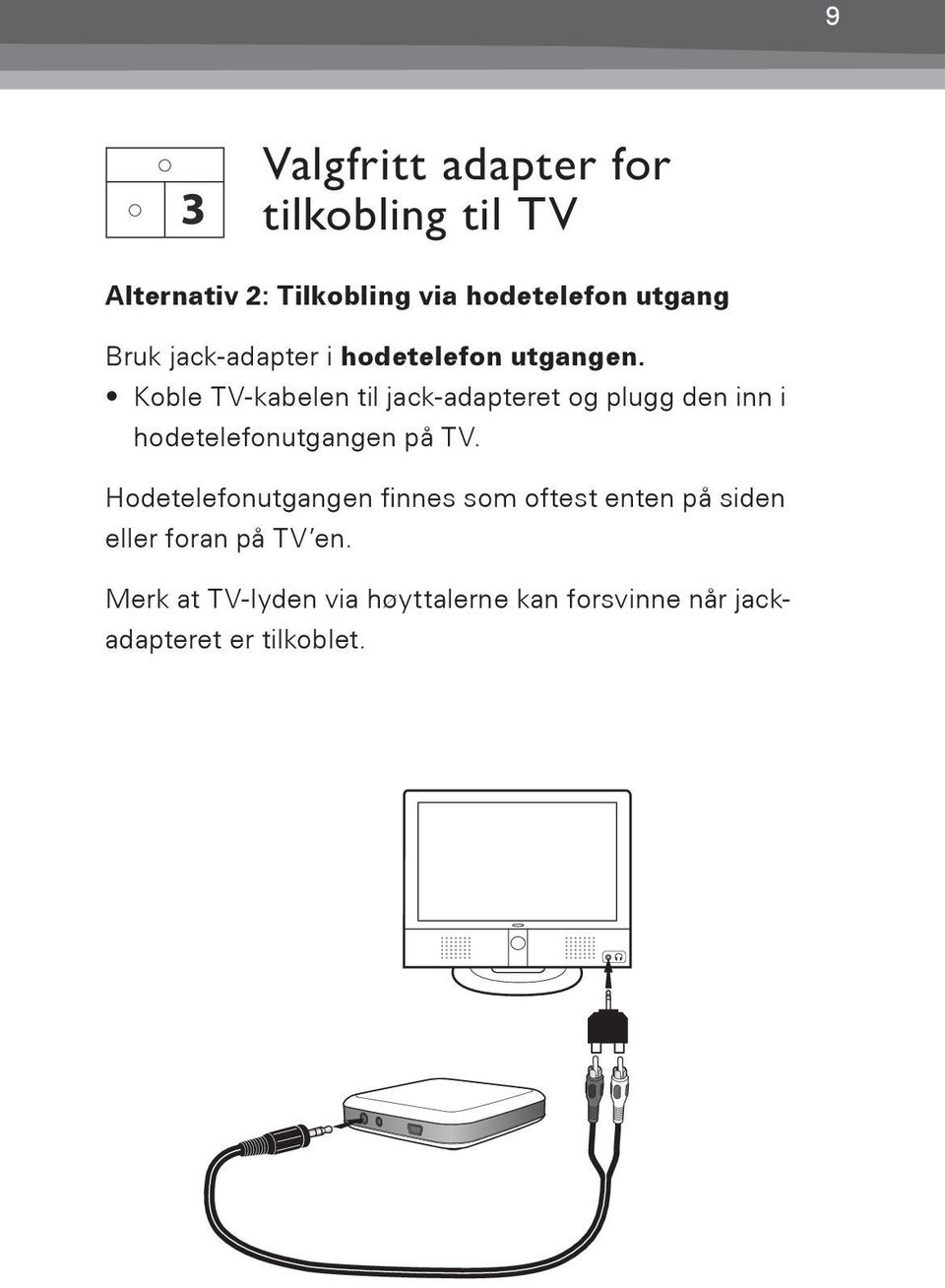 Koble TV-kabelen til jack-adapteret og plugg den inn i hodetelefonutgangen på TV.