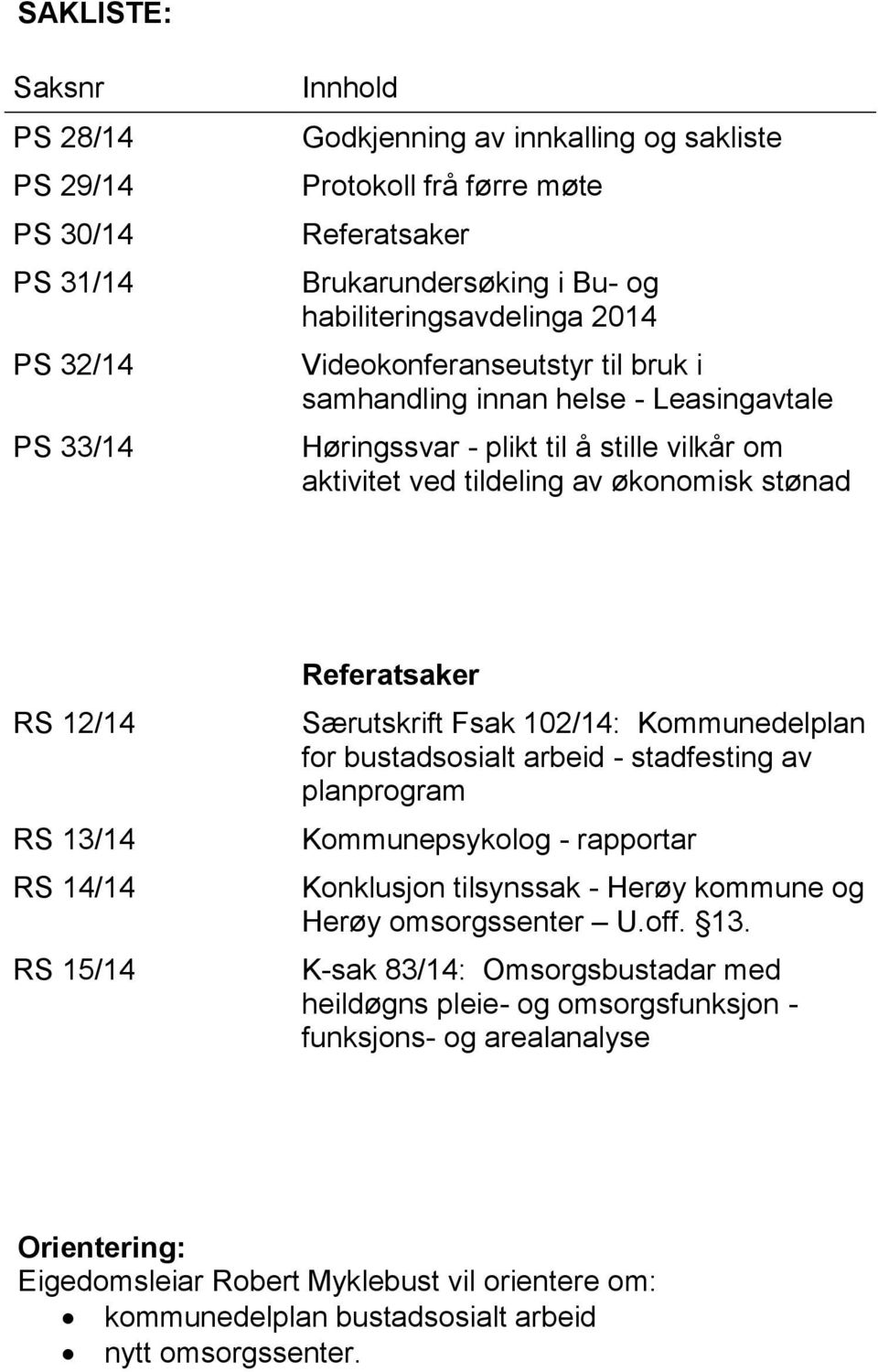 13/14 RS 14/14 RS 15/14 Referatsaker Særutskrift Fsak 102/14: Kommunedelplan for bustadsosialt arbeid - stadfesting av planprogram Kommunepsykolog - rapportar Konklusjon tilsynssak - Herøy kommune og