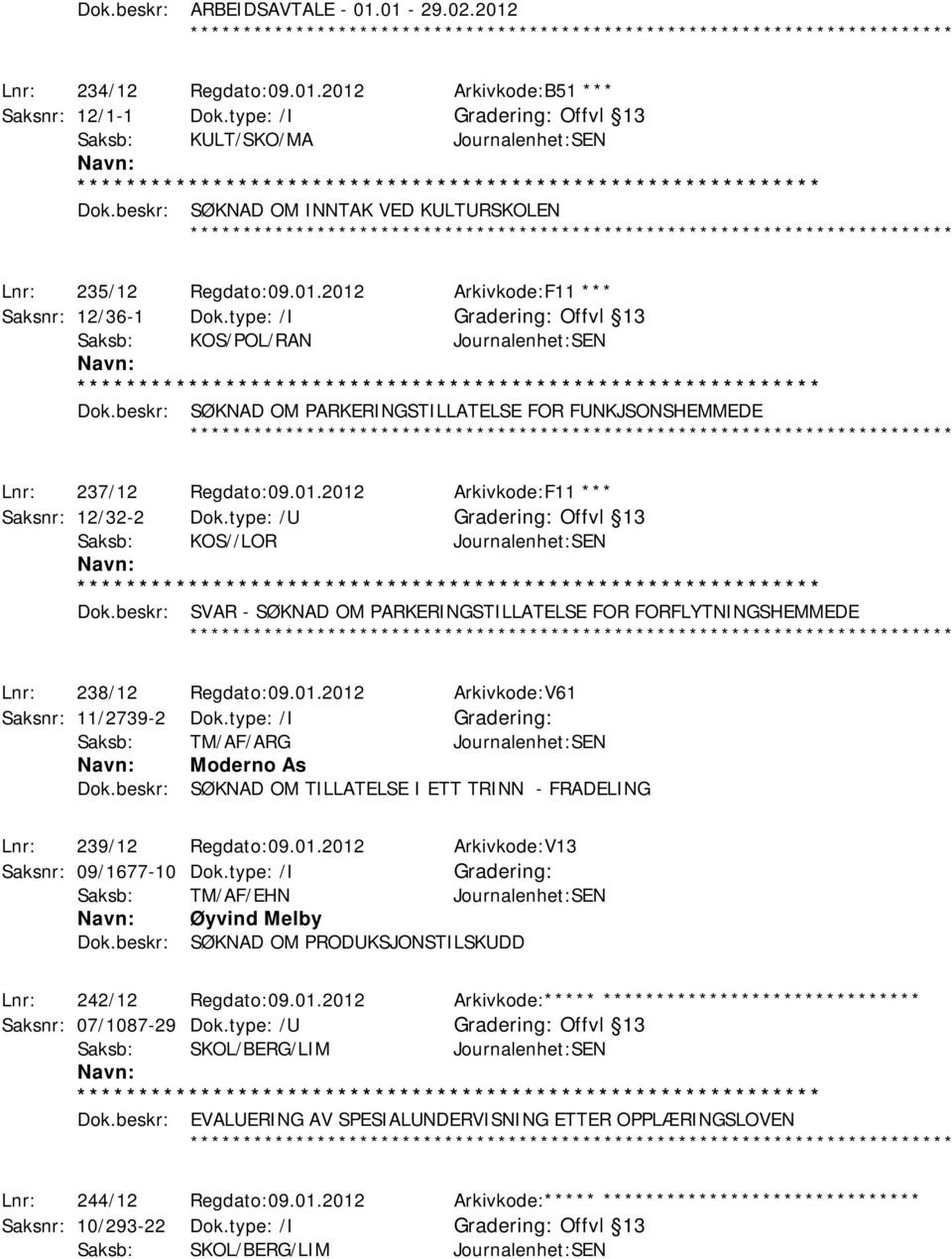 beskr: SØKNAD OM PARKERINGSTILLATELSE FOR FUNKJSONSHEMMEDE ************ Lnr: 237/12 Regdato:09.01.2012 Arkivkode:F11 *** Saksnr: 12/32-2 Dok.type: /U Offvl 13 Saksb: KOS//LOR Journalenhet:SEN Dok.