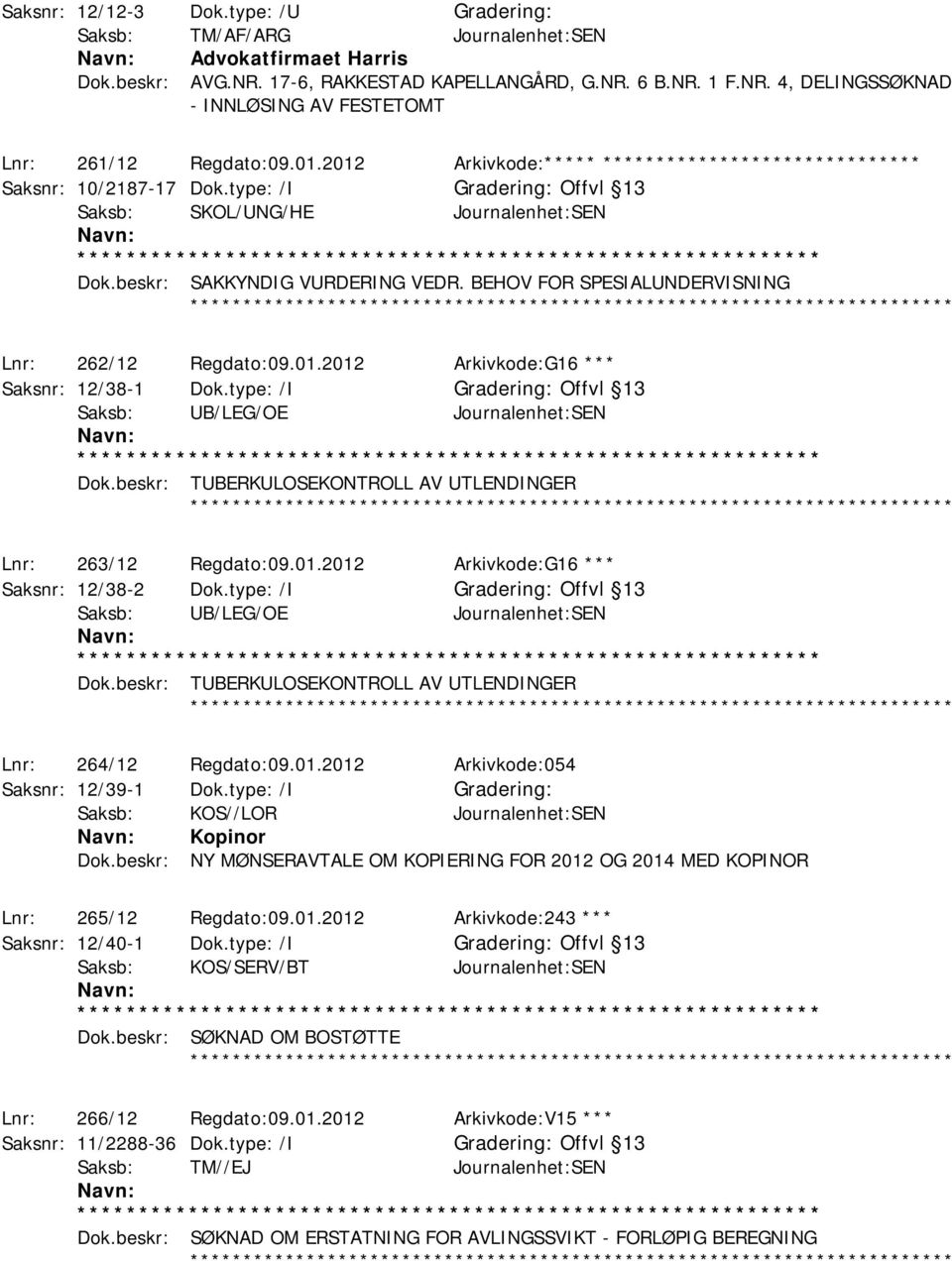 BEHOV FOR SPESIALUNDERVISNING ************ Lnr: 262/12 Regdato:09.01.2012 Arkivkode:G16 *** Saksnr: 12/38-1 Dok.type: /I Offvl 13 Saksb: UB/LEG/OE Journalenhet:SEN Dok.