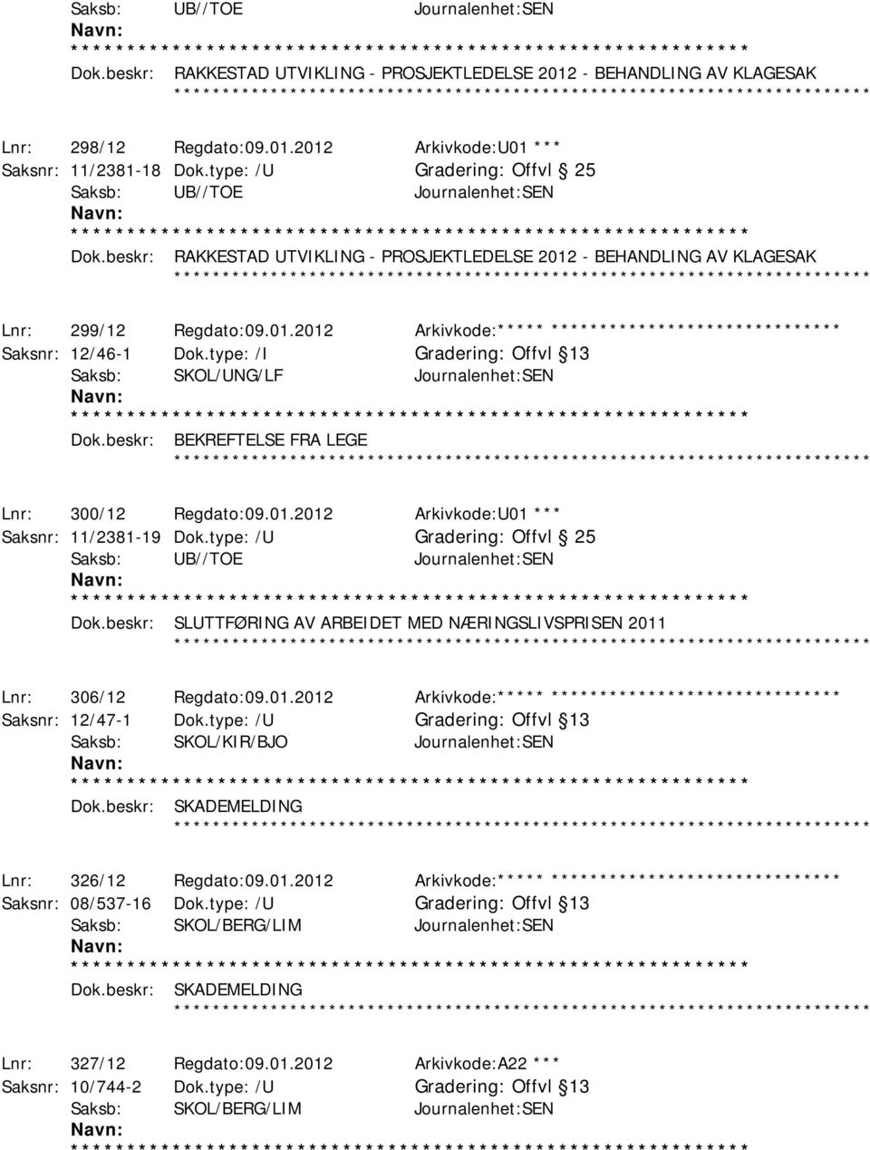 type: /I Offvl 13 Saksb: SKOL/UNG/LF Journalenhet:SEN Dok.beskr: BEKREFTELSE FRA LEGE ************ Lnr: 300/12 Regdato:09.01.2012 Arkivkode:U01 *** Saksnr: 11/2381-19 Dok.