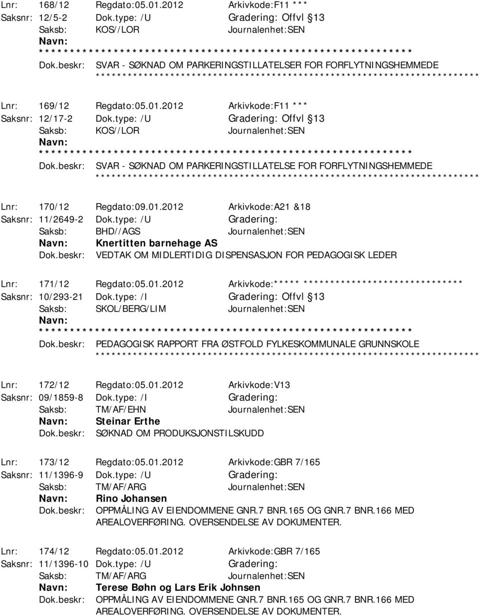 type: /U Offvl 13 Saksb: KOS//LOR Journalenhet:SEN Dok.beskr: SVAR - SØKNAD OM PARKERINGSTILLATELSE FOR FORFLYTNINGSHEMMEDE ************ Lnr: 170/12 Regdato:09.01.