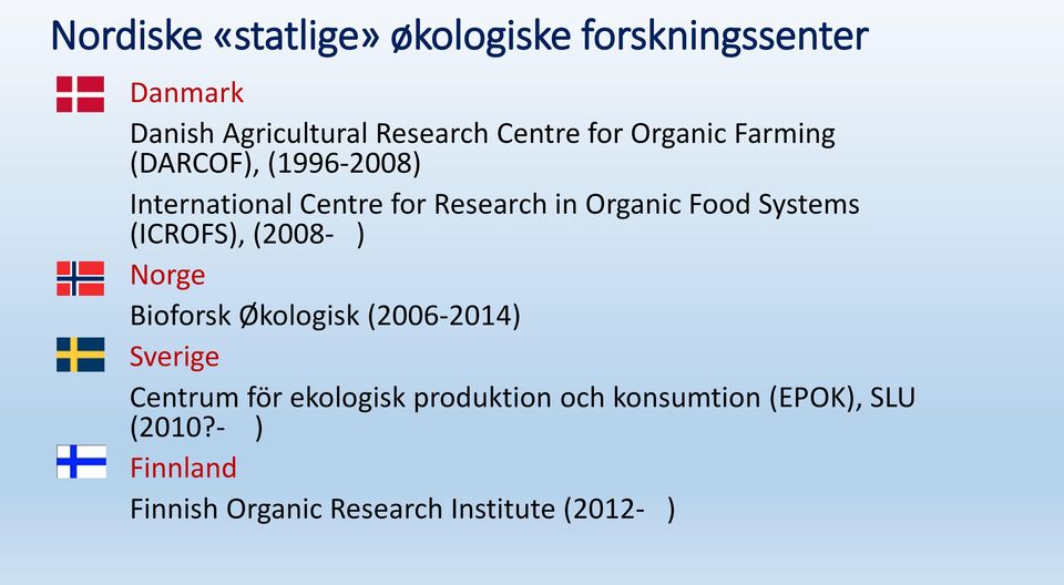 Systems (ICROFS), (2008- ) Norge Bioforsk Økologisk (2006-2014) Sverige Centrum för ekologisk