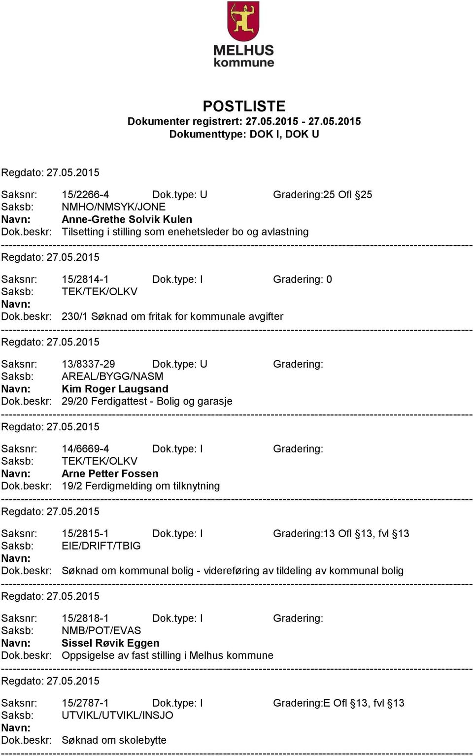 beskr: 29/20 Ferdigattest - Bolig og garasje Saksnr: 14/6669-4 Dok.type: I Gradering: Saksb: TEK/TEK/OLKV Arne Petter Fossen Dok.beskr: 19/2 Ferdigmelding om tilknytning Saksnr: 15/2815-1 Dok.