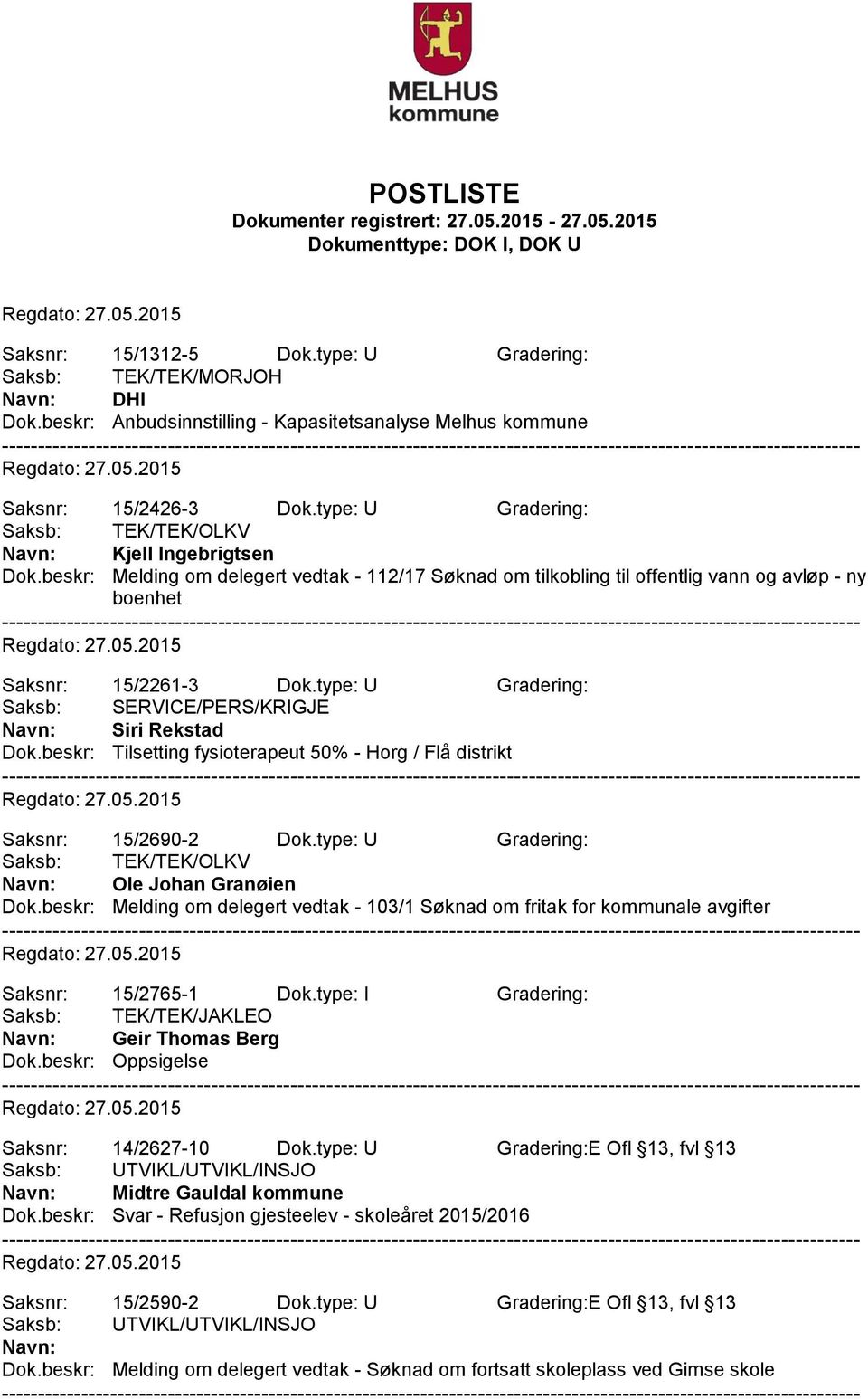 type: U Gradering: Saksb: SERVICE/PERS/KRIGJE Siri Rekstad Dok.beskr: Tilsetting fysioterapeut 50% - Horg / Flå distrikt Saksnr: 15/2690-2 Dok.