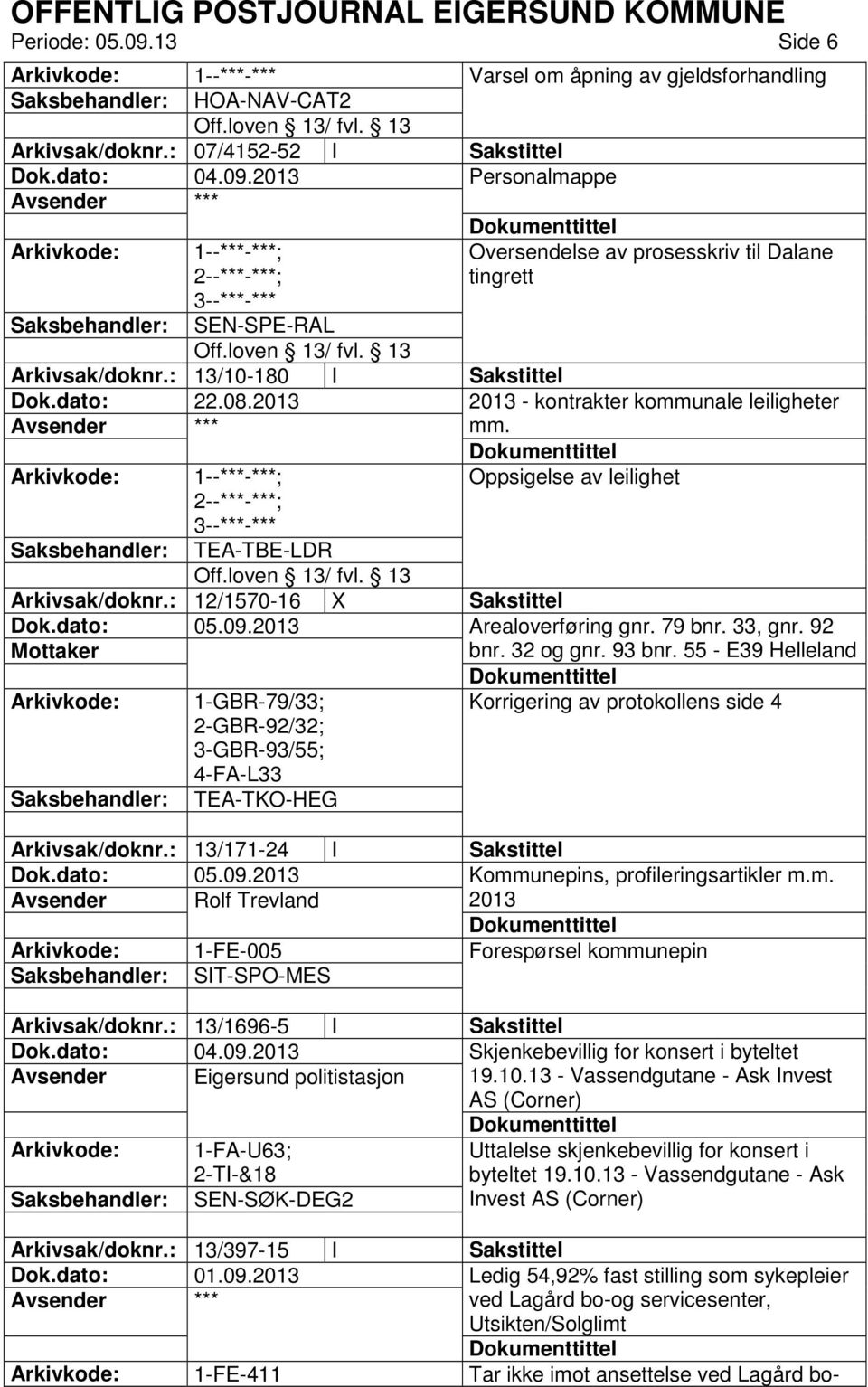 : 12/1570-16 X Sakstittel 1-GBR-79/33; 2-GBR-92/32; 3-GBR-93/55; 4-FA-L33 TEA-TKO-HEG Oppsigelse av leilighet Arealoverføring gnr. 79 bnr. 33, gnr. 92 bnr. 32 og gnr. 93 bnr.