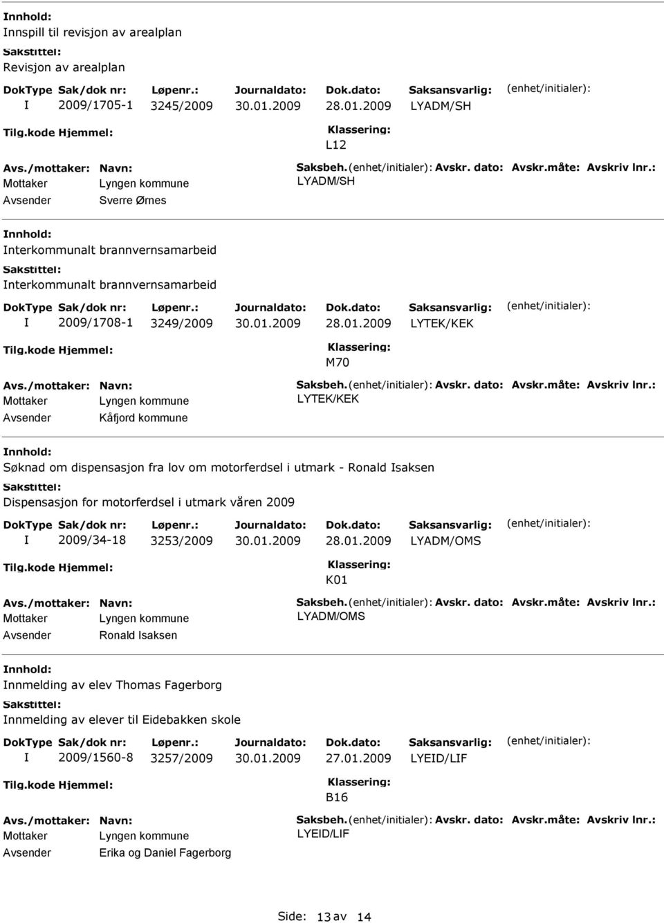 2009 LYTK/KK M70 LYTK/KK Kåfjord kommune Søknad om dispensasjon fra lov om motorferdsel i utmark - Ronald saksen Dispensasjon for motorferdsel i