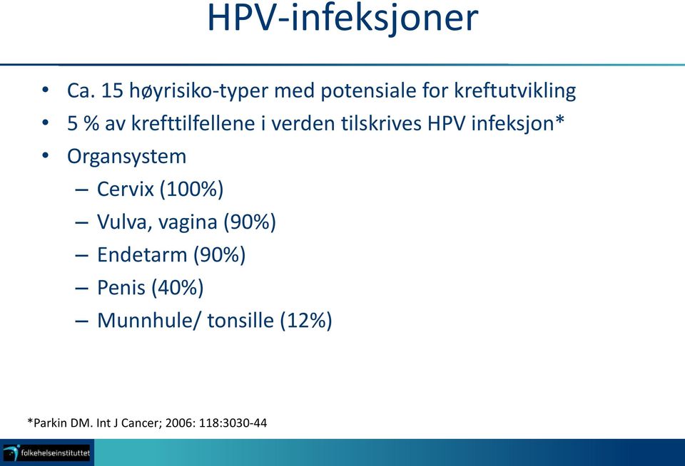 krefttilfellene i verden tilskrives HPV infeksjon* Organsystem
