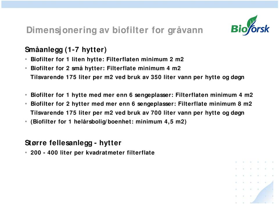 Filterflaten minimum 4 m2 Biofilter for 2 hytter med mer enn 6 sengeplasser: Filterflate minimum 8 m2 Tilsvarende 175 liter per m2 ved bruk av 700