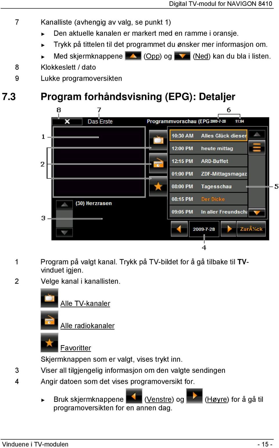 Trykk på TV-bildet for å gå tilbake til TVvinduet igjen. 2 Velge kanal i kanallisten. Alle TV-kanaler Alle radiokanaler Favoritter Skjermknappen som er valgt, vises trykt inn.