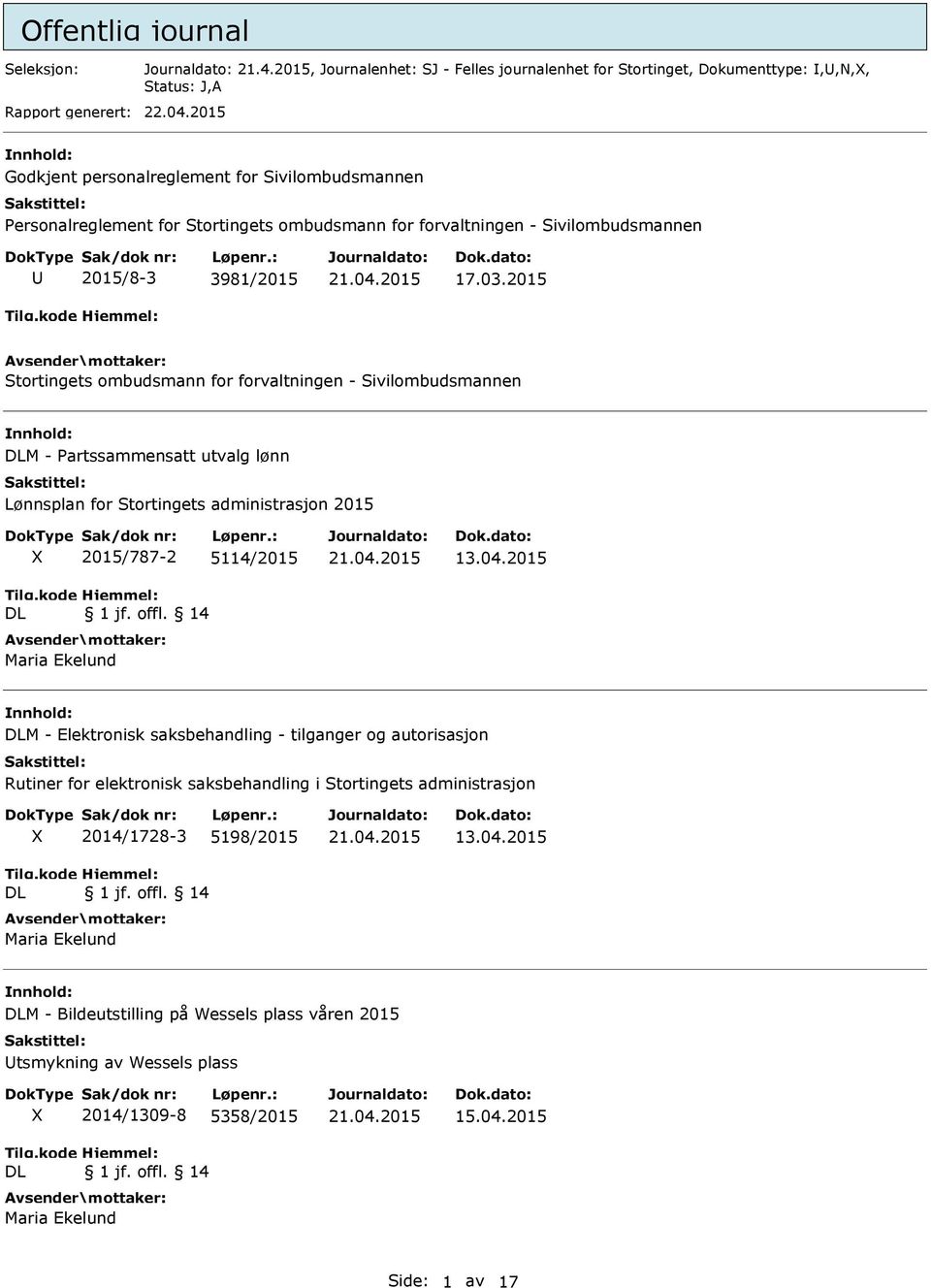 2015 Stortingets ombudsmann for forvaltningen - Sivilombudsmannen nnhold: DLM - Partssammensatt utvalg lønn Lønnsplan for Stortingets administrasjon 2015 DL 2015/787-2 5114/2015 1 jf. offl.
