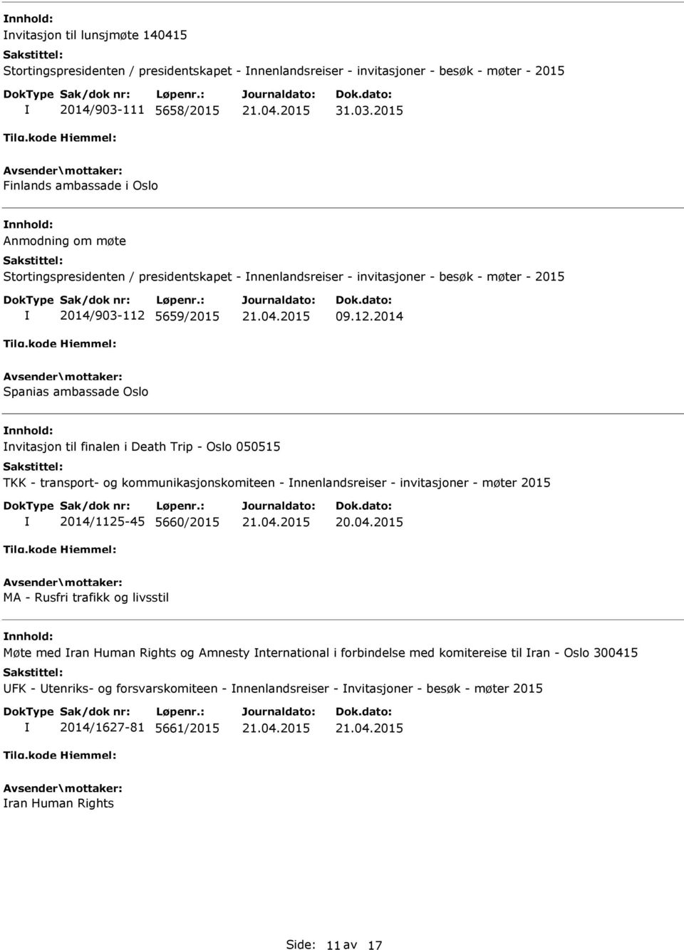 12.2014 Spanias ambassade Oslo nnhold: nvitasjon til finalen i Death Trip - Oslo 050515 TKK - transport- og kommunikasjonskomiteen - nnenlandsreiser - invitasjoner - møter 2015 2014/1125-45 5660/2015