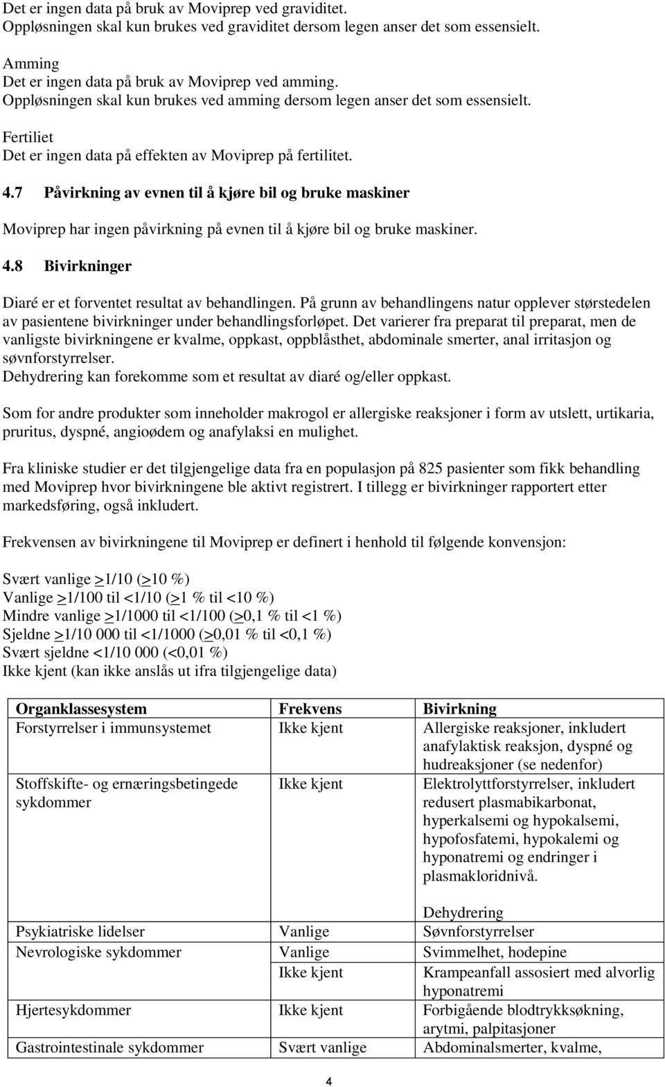 7 Påvirkning av evnen til å kjøre bil og bruke maskiner Moviprep har ingen påvirkning på evnen til å kjøre bil og bruke maskiner. 4.8 Bivirkninger Diaré er et forventet resultat av behandlingen.